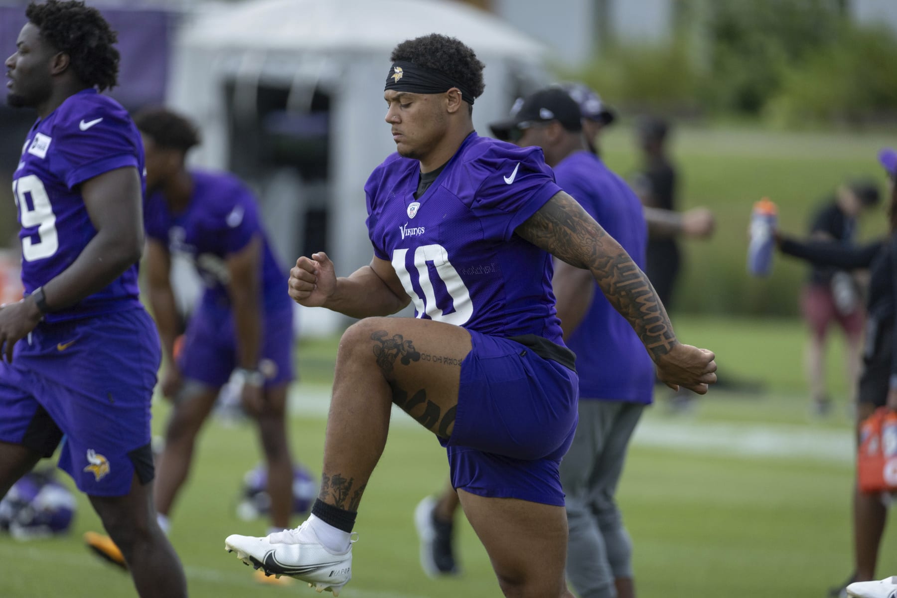 Minnesota Vikings linebacker Ivan Pace Jr. prepares for drills before an NFL football practice Saturday, July 29, 2023, in Eagan, Minn. (AP Photo/Bruce Kluckhohn)