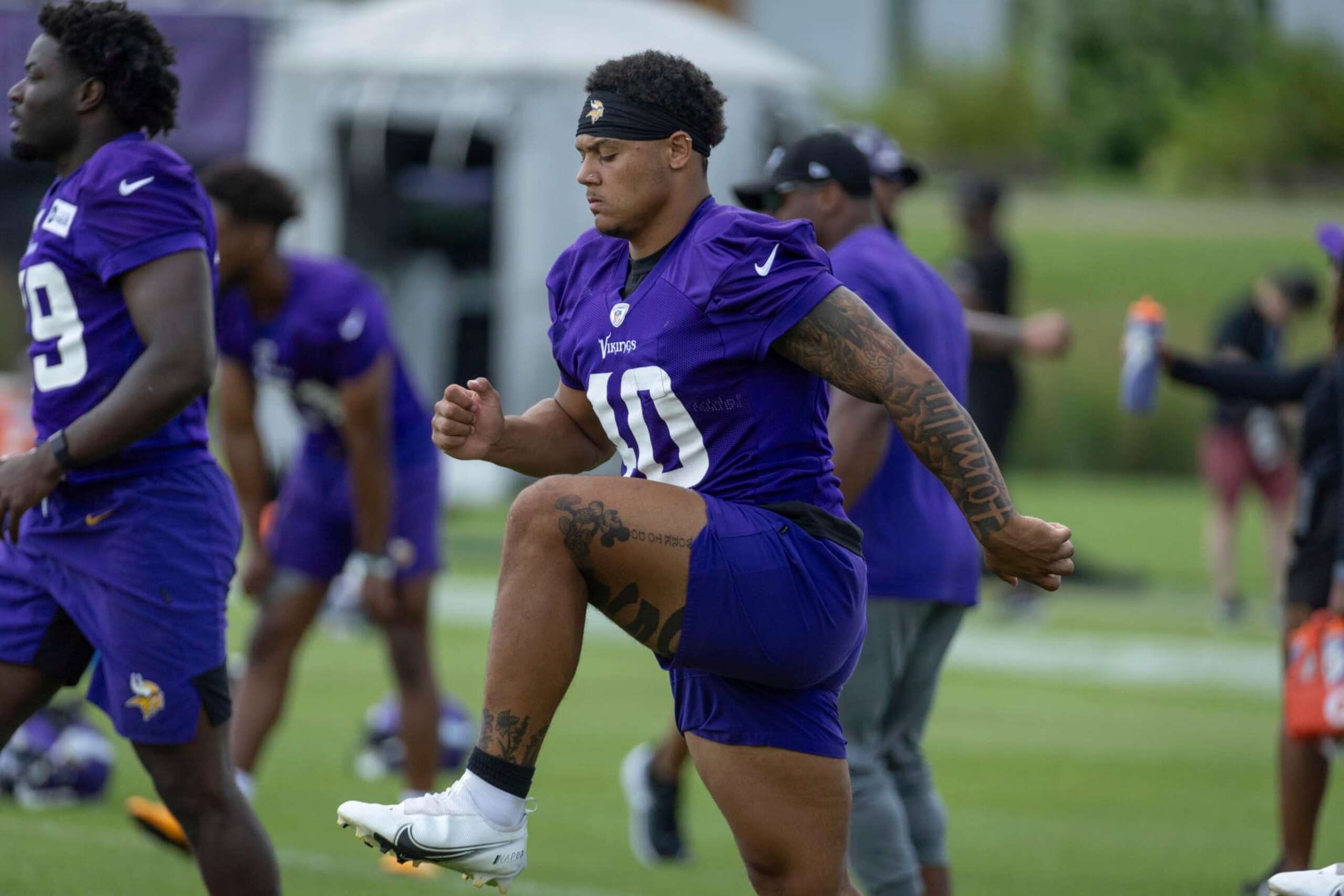 Minnesota Vikings linebacker Ivan Pace Jr. prepares for drills before an NFL football practice Saturday, July 29, 2023, in Eagan, Minn. (AP Photo/Bruce Kluckhohn)