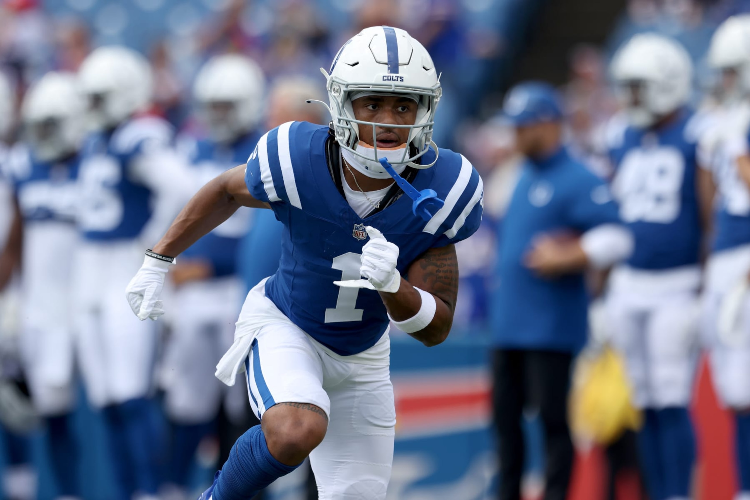 ORCHARD PARK, NEW YORK - AUGUST 12: Josh Downs #1 of the Indianapolis Colts warms up prior to a preseason game against the Buffalo Bills at Highmark Stadium on August 12, 2023 in Orchard Park, New York. (Photo by Bryan M. Bennett/Getty Images)