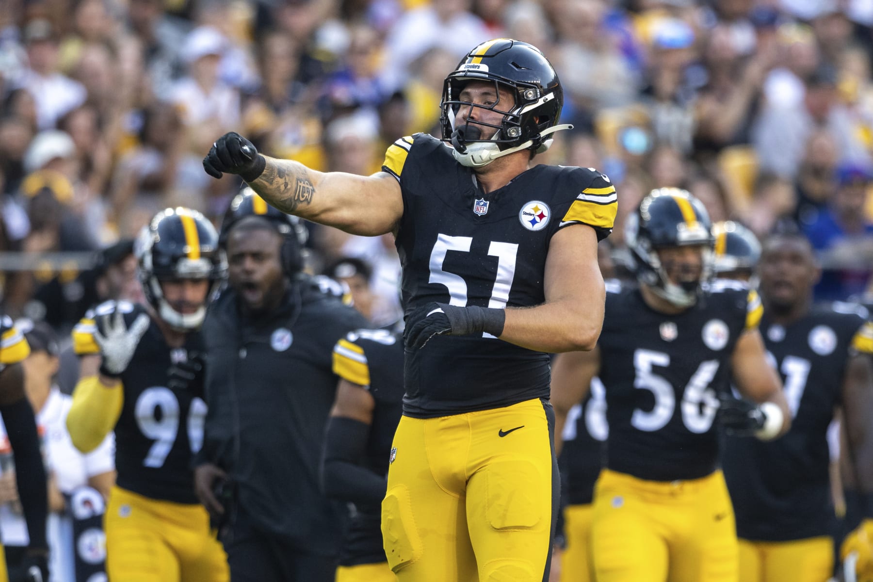Pittsburgh Steelers linebacker Nick Herbig (51) celebrates after a tackle during an NFL football game, Sunday, Aug. 19, 2023, in Pittsburgh. (AP Photo/Matt Durisko)