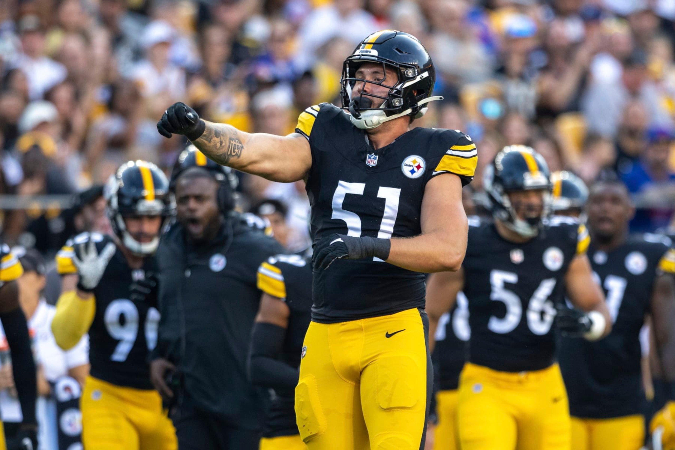 Pittsburgh Steelers linebacker Nick Herbig (51) celebrates after a tackle during an NFL football game, Sunday, Aug. 19, 2023, in Pittsburgh. (AP Photo/Matt Durisko)