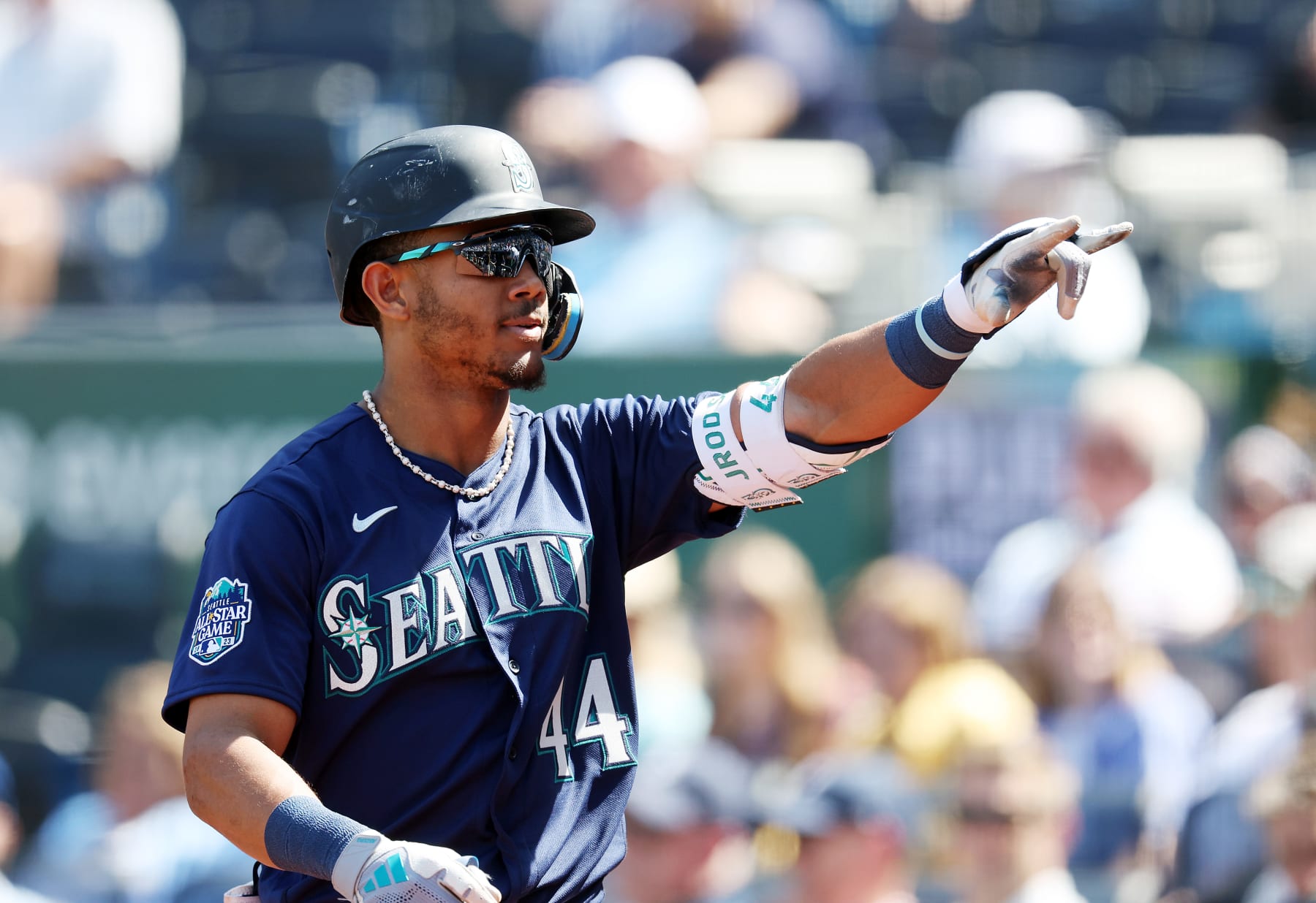 KANSAS CITY, MISSOURI - AUGUST 17:  Julio Rodriguez #44 of the Seattle Mariners celebrates after hitting a 3-run home run during the 8th inning of the game against the Kansas City Royals at Kauffman Stadium on August 17, 2023 in Kansas City, Missouri. (Photo by Jamie Squire/Getty Images)