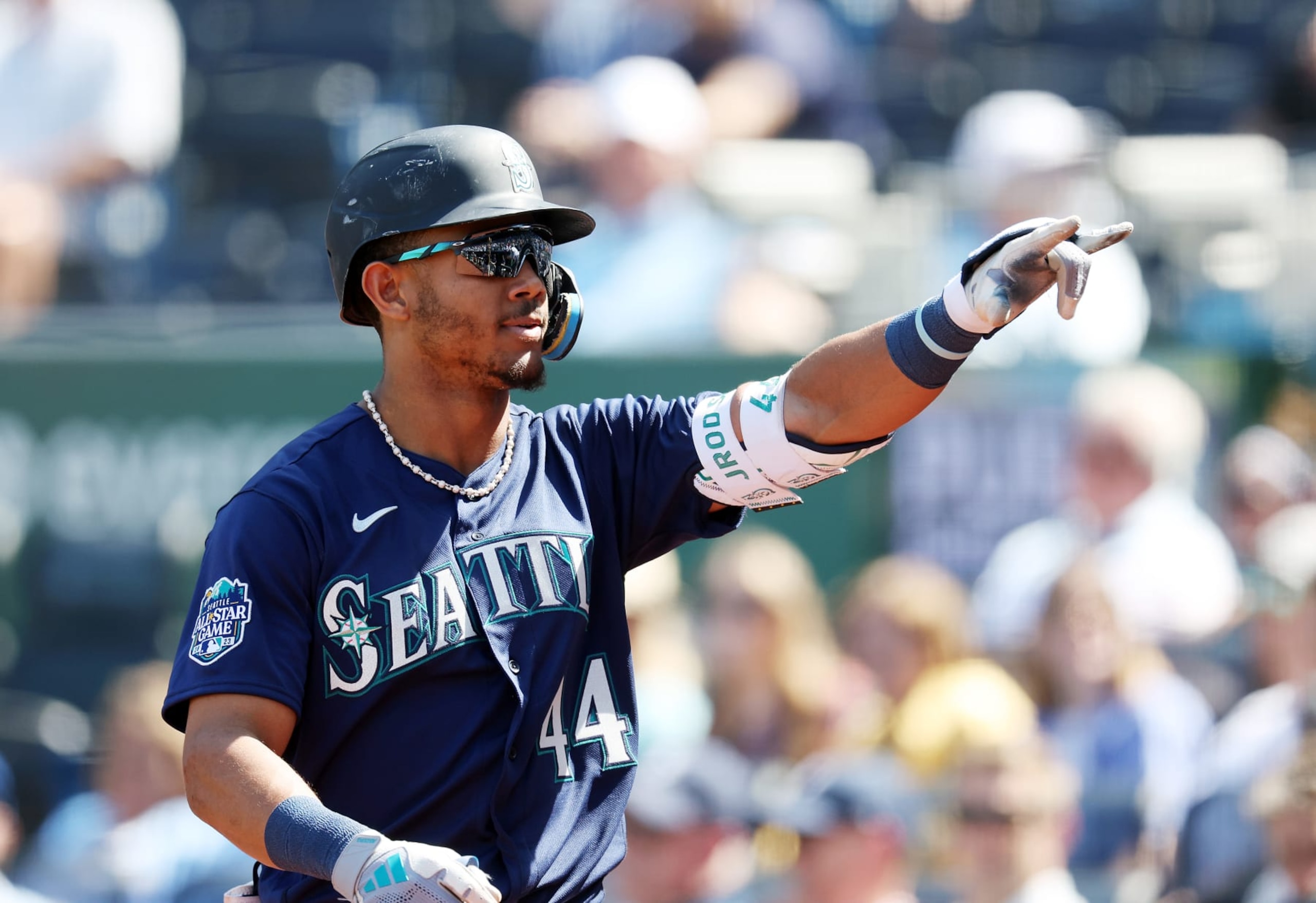 KANSAS CITY, MISSOURI - AUGUST 17:  Julio Rodriguez #44 of the Seattle Mariners celebrates after hitting a 3-run home run during the 8th inning of the game against the Kansas City Royals at Kauffman Stadium on August 17, 2023 in Kansas City, Missouri. (Photo by Jamie Squire/Getty Images)