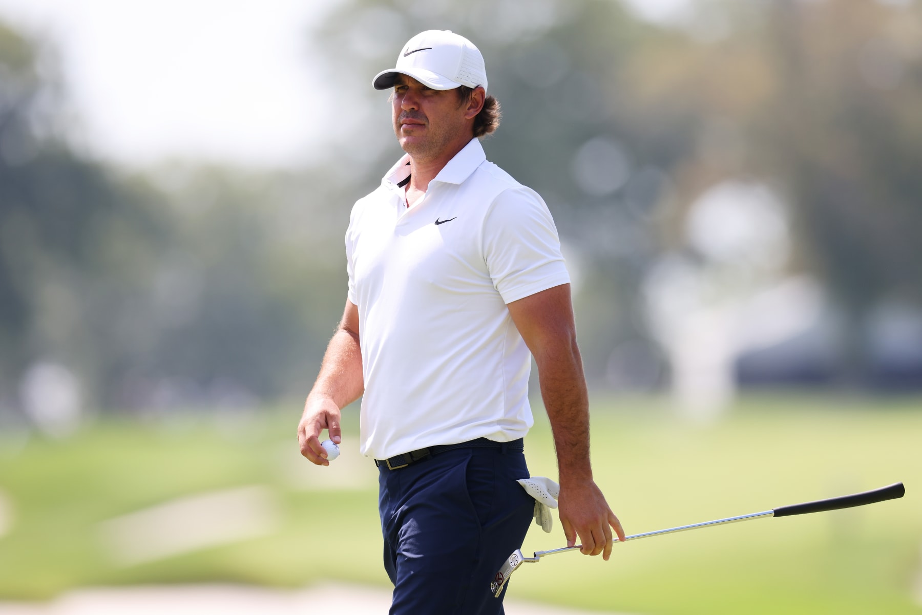 BEDMINSTER, NEW JERSEY - AUGUST 11: Captain Brooks Koepka of Smash GC looks on at the seventh green during day one of the LIV Golf Invitational - Bedminster at Trump National Golf Club on August 11, 2023 in Bedminster, New Jersey. (Photo by Mike Stobe/Getty Images)