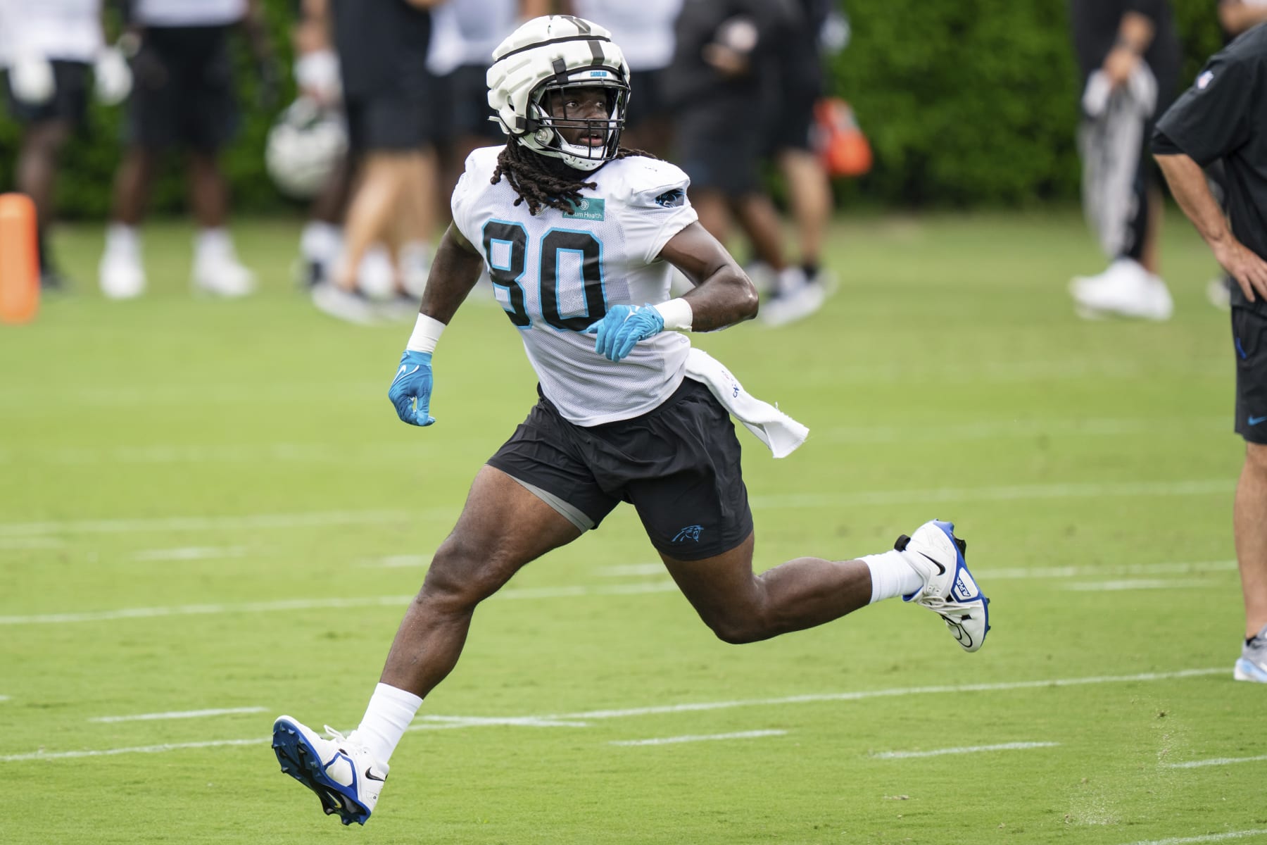 Carolina Panthers tight end Ian Thomas runs through drills at the NFL football team's training camp on Saturday, July 29, 2023, in Spartanburg, S.C. (AP Photo/Jacob Kupferman)