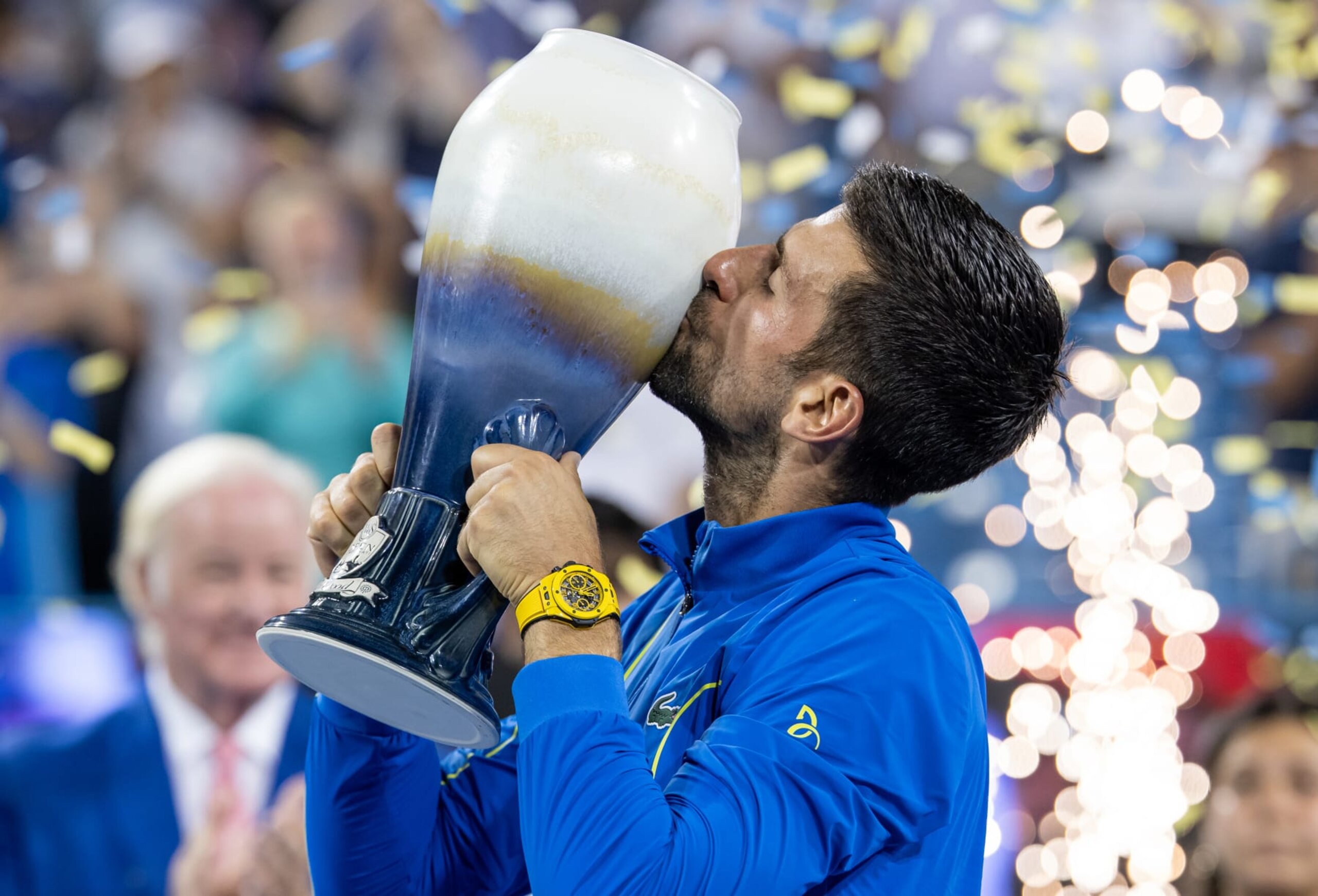 MASON, OHIO - AUGUST 20:  Novak Djokovic hoists the trophy after winning the men's singles final of the Western & Southern Open at Lindner Family Tennis Center on August 20, 2023 in Mason, Ohio. (Photo by Michael Hickey/Getty Images)