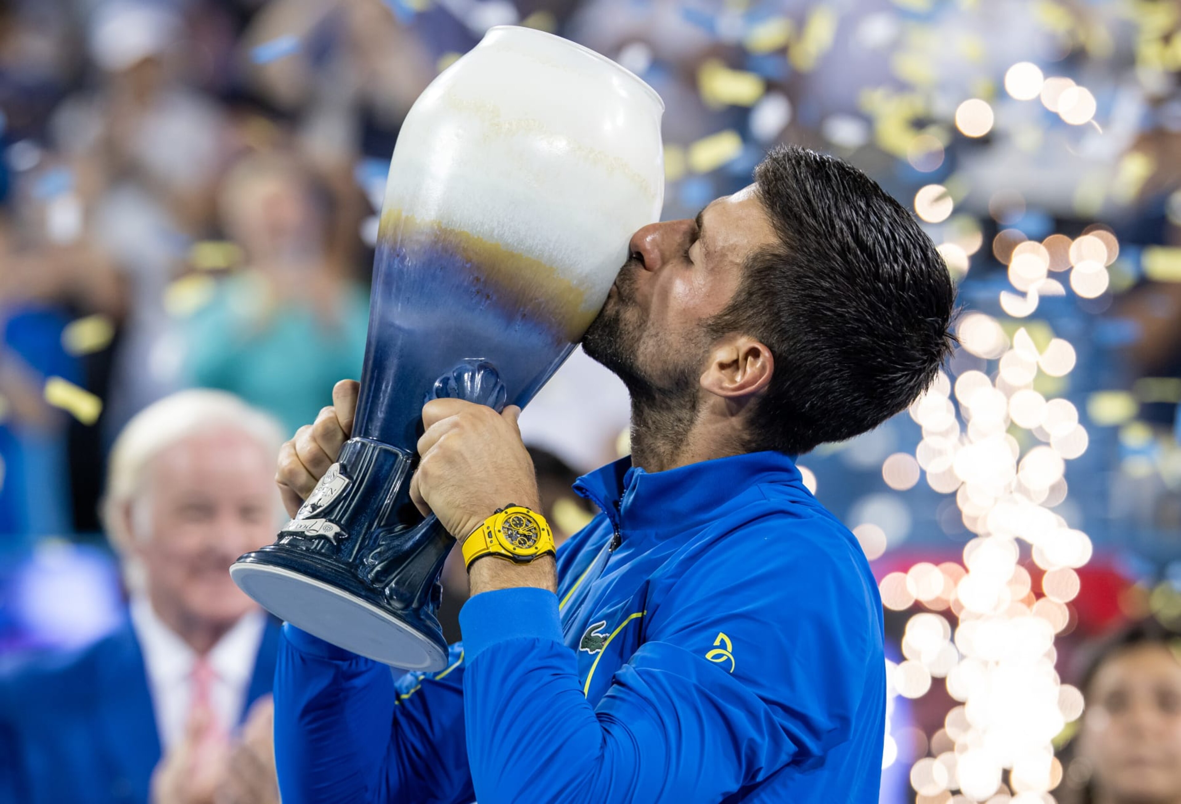MASON, OHIO - AUGUST 20:  Novak Djokovic hoists the trophy after winning the men's singles final of the Western & Southern Open at Lindner Family Tennis Center on August 20, 2023 in Mason, Ohio. (Photo by Michael Hickey/Getty Images)
