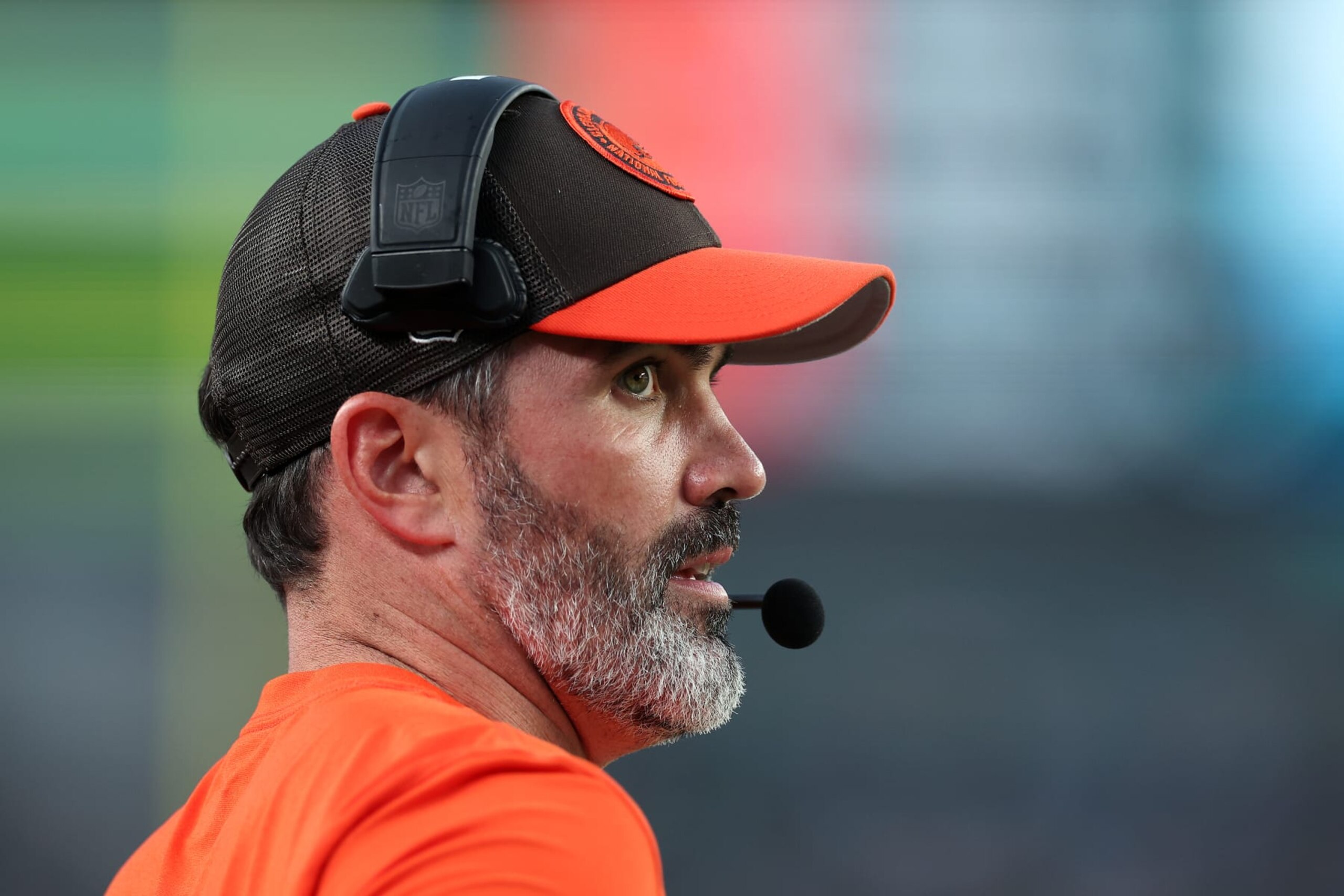 PHILADELPHIA, PENNSYLVANIA - AUGUST 17: Head coach Kevin Stefanski of the Cleveland Browns looks on during the first quarter against the Philadelphia Eagles at Lincoln Financial Field on August 17, 2023 in Philadelphia, Pennsylvania. (Photo by Tim Nwachukwu/Getty Images)