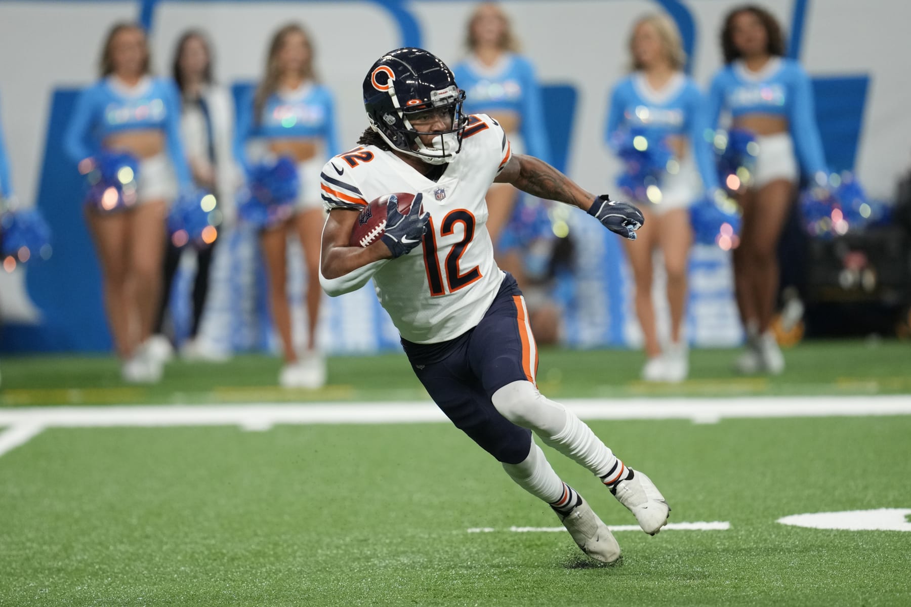 Chicago Bears wide receiver Velus Jones Jr. plays during the first half of an NFL football game against the Detroit Lions, Sunday, Jan. 1, 2023, in Detroit. (AP Photo/Paul Sancya)
