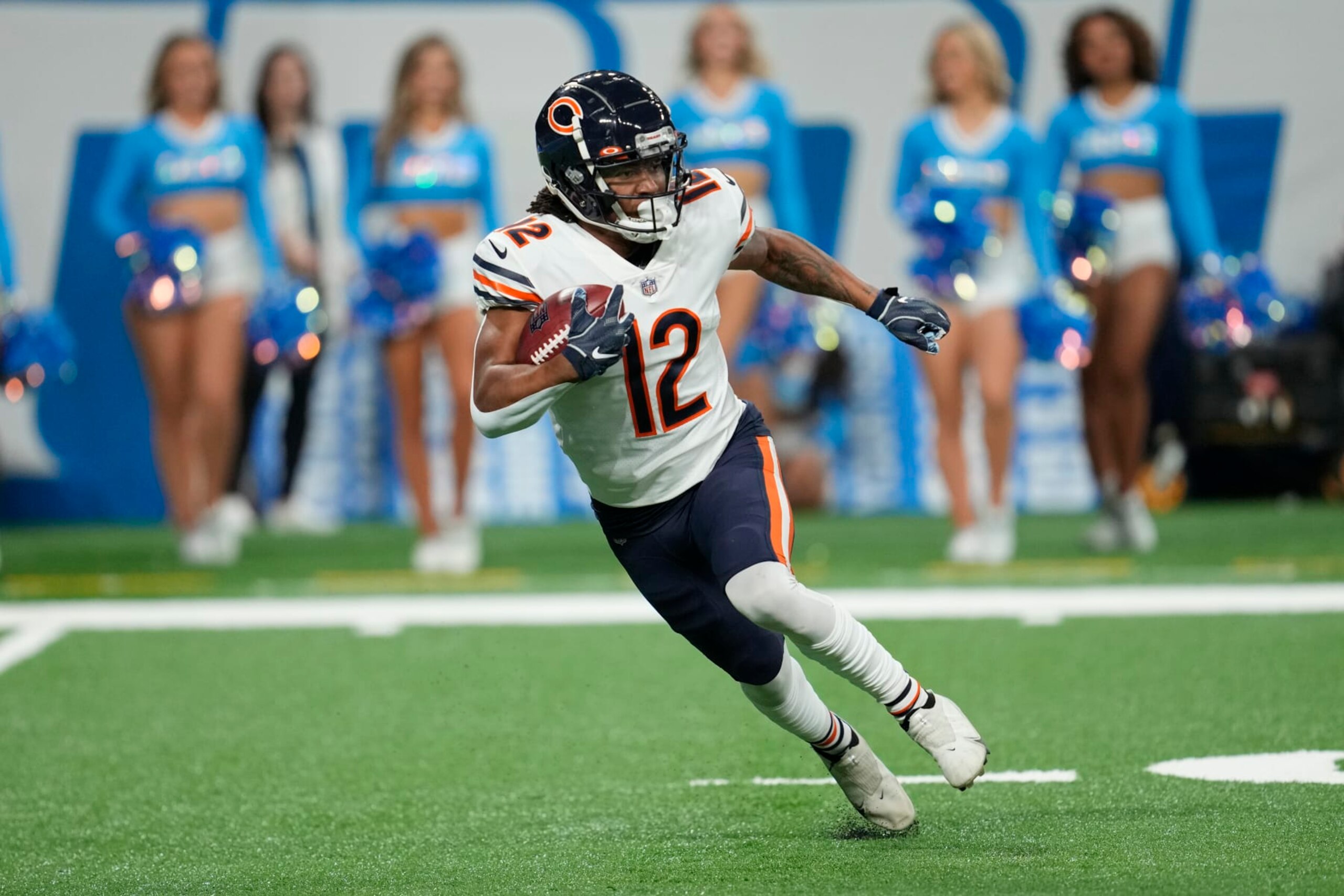 Chicago Bears wide receiver Velus Jones Jr. plays during the first half of an NFL football game against the Detroit Lions, Sunday, Jan. 1, 2023, in Detroit. (AP Photo/Paul Sancya)