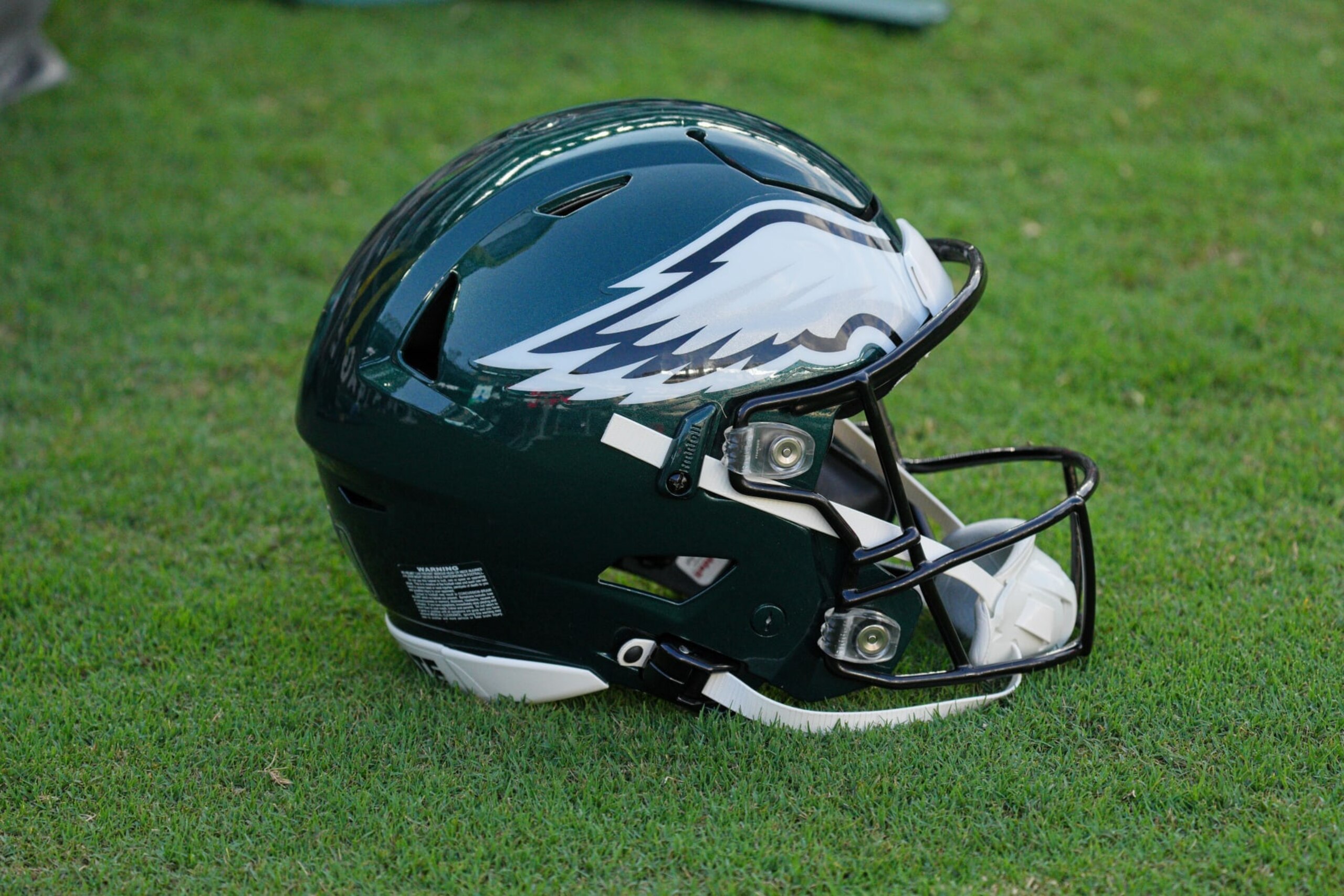 PHILADELPHIA, PA - AUGUST 17: A Philadelphia Eagles helmet sits on the field during the preseason game between the Cleveland Browns and the Philadelphia Eagles on August 17, 2023, at Lincoln Financial Field in Philadelphia, PA. (Photo by Andy Lewis/Icon Sportswire via Getty Images)