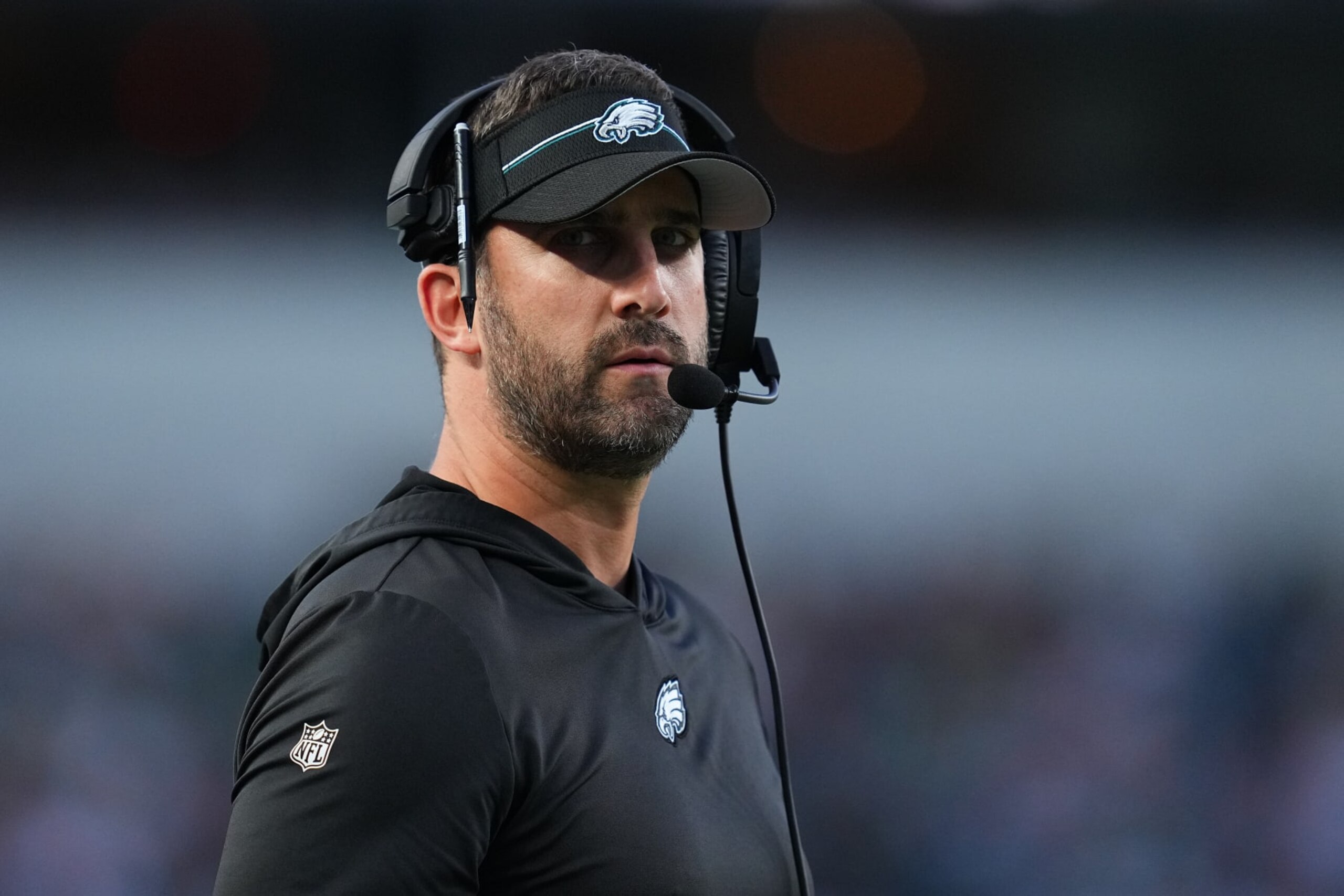 PHILADELPHIA, PENNSYLVANIA - AUGUST 17: Head coach Nick Sirianni of the Philadelphia Eagles looks on against the Cleveland Browns in the first half of the preseason game at Lincoln Financial Field on August 17, 2023 in Philadelphia, Pennsylvania. (Photo by Mitchell Leff/Getty Images)