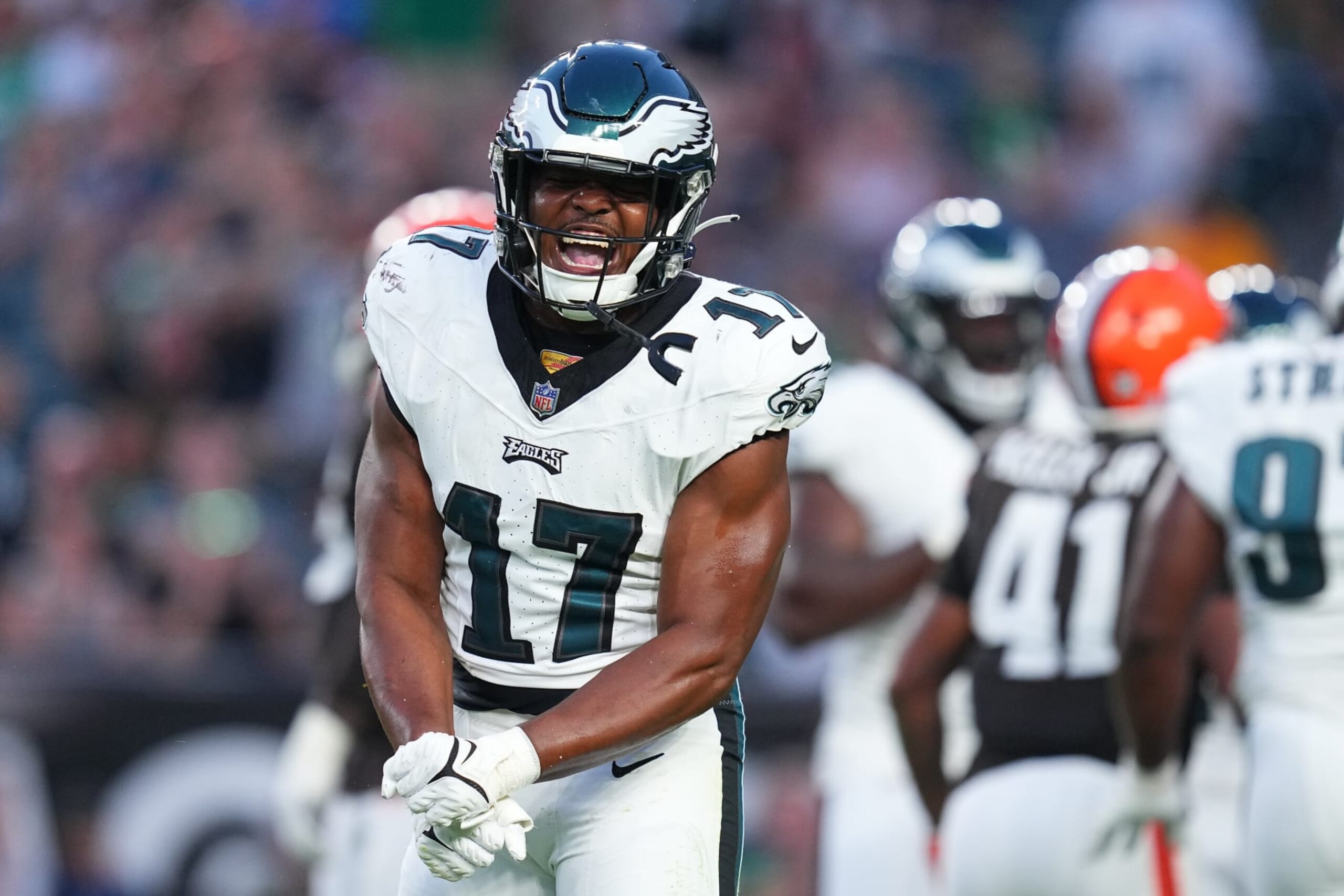 PHILADELPHIA, PENNSYLVANIA - AUGUST 17: Nakobe Dean #17 of the Philadelphia Eagles reacts against the Cleveland Browns in the first half of the preseason game at Lincoln Financial Field on August 17, 2023 in Philadelphia, Pennsylvania. (Photo by Mitchell Leff/Getty Images)