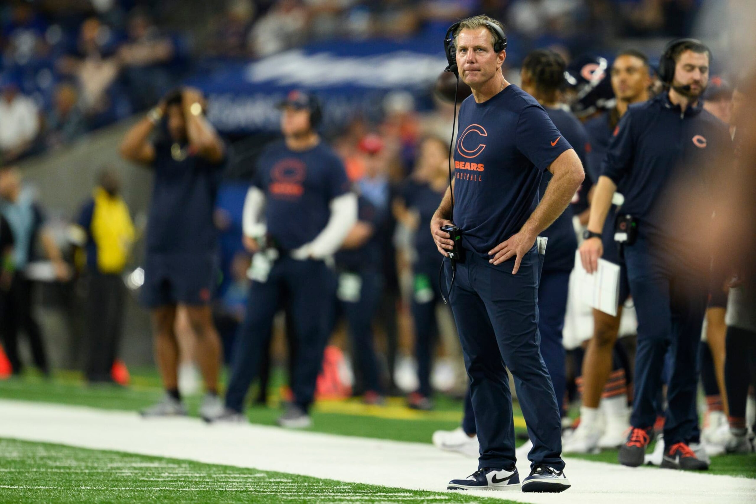 Chicago Bears head coach Matt Eberflus on the sidelines during an NFL football game against the Indianapolis Colts, Saturday, Aug. 19, 2023, in Indianapolis. (AP Photo/Zach Bolinger)