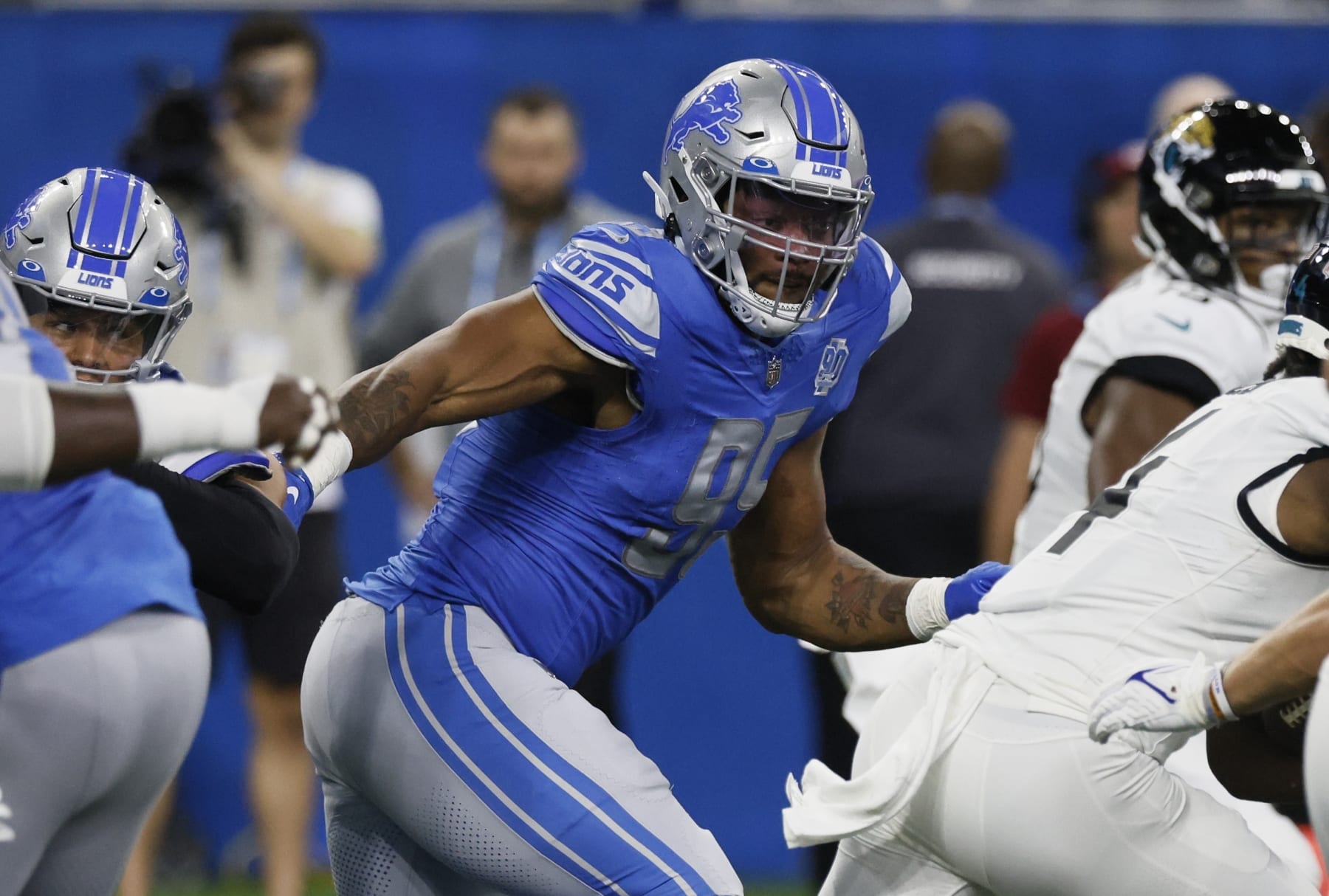 Detroit Lions linebacker Romeo Okwara (95) during the fi against the Jacksonville Jaguars, Saturday, Aug. 19, 2023, in Detroit. (AP Photo/Duane Burleson)