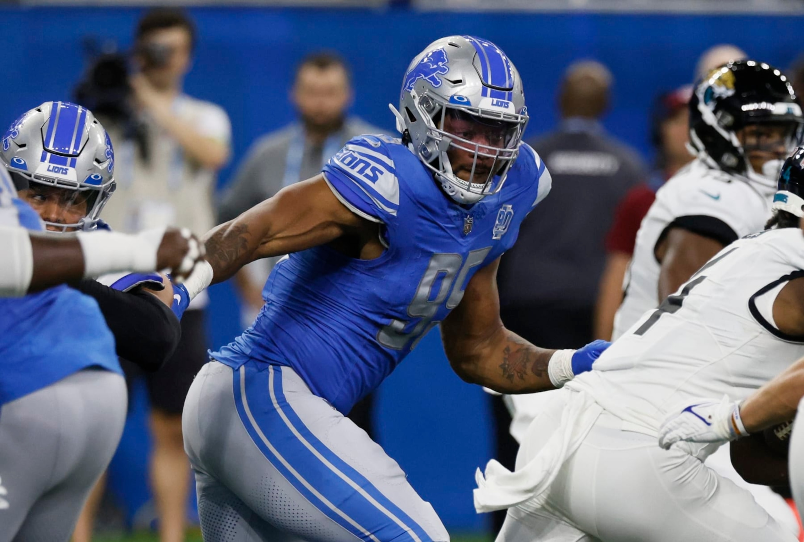 Detroit Lions linebacker Romeo Okwara (95) during the fi against the Jacksonville Jaguars, Saturday, Aug. 19, 2023, in Detroit. (AP Photo/Duane Burleson)