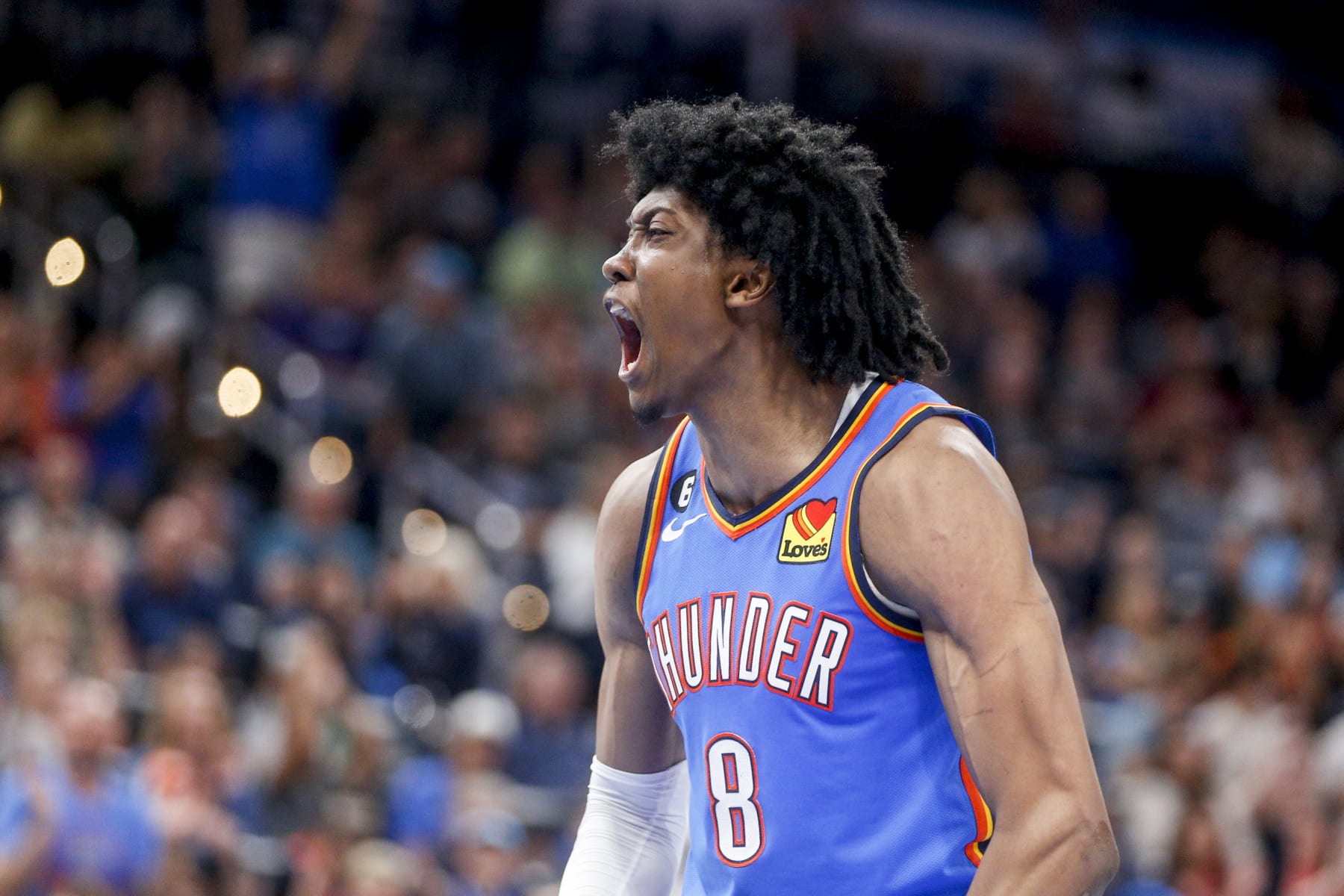 OKLAHOMA CITY, OKLAHOMA - APRIL 02: Jalen Williams #8 of the Oklahoma City Thunder yells after making a basket while being fouled during the fourth quarter against the Phoenix Suns at Paycom Center on April 02, 2023 in Oklahoma City, Oklahoma. NOTE TO USER: User expressly acknowledges and agrees that, by downloading and or using this photograph, User is consenting to the terms and conditions of the Getty Images License Agreement.  (Photo by Ian Maule/Getty Images)