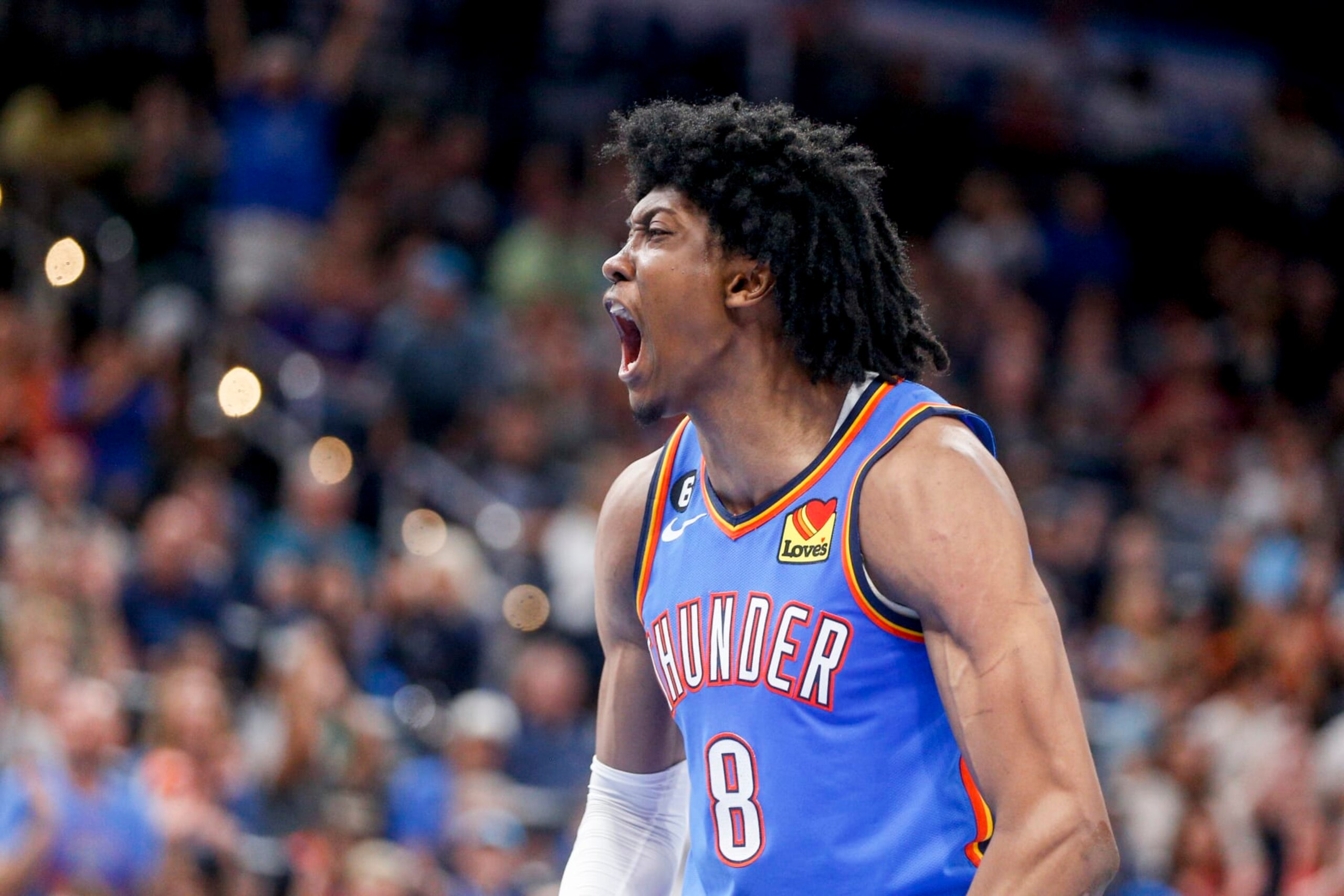 OKLAHOMA CITY, OKLAHOMA - APRIL 02: Jalen Williams #8 of the Oklahoma City Thunder yells after making a basket while being fouled during the fourth quarter against the Phoenix Suns at Paycom Center on April 02, 2023 in Oklahoma City, Oklahoma. NOTE TO USER: User expressly acknowledges and agrees that, by downloading and or using this photograph, User is consenting to the terms and conditions of the Getty Images License Agreement.  (Photo by Ian Maule/Getty Images)