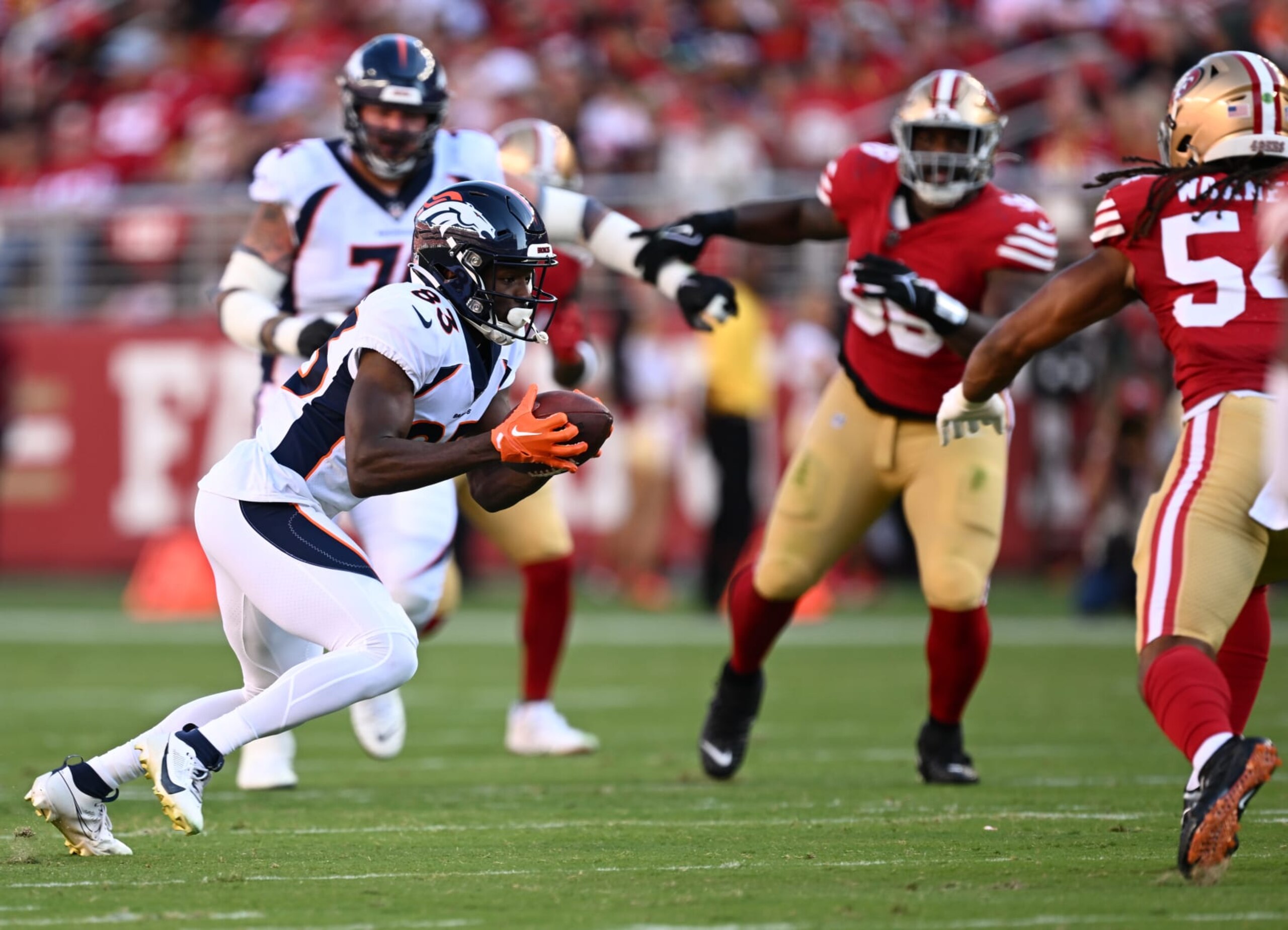 SANTA CLARA, CALIFORNIA - AUGUST 19: Denver Broncos wide receiver Marvin Mims Jr. (83) turns up field after making a catch mid field during the first quarter of the game at Levis Stadium on August 19, 2023 in Santa Clara, California. The hometown San Francisco 49ers took on the Denver Broncos during their second NFL preseason game of the 2023 season. (Photo by RJ Sangosti/MediaNews Group/The Denver Post via Getty Images) SANTA CLARA, CALIFORNIA - AUGUST 19: Denver Broncos wide receiver Marvin Mims Jr. (83) turns up field after making a catch mid field during the first quarter of the game at Levis Stadium on August 19, 2023 in Santa Clara, California. The hometown San Francisco 49ers took on the Denver Broncos during their second NFL preseason game of the 2023 season. (Photo by RJ Sangosti/MediaNews Group/The Denver Post via Getty Images)