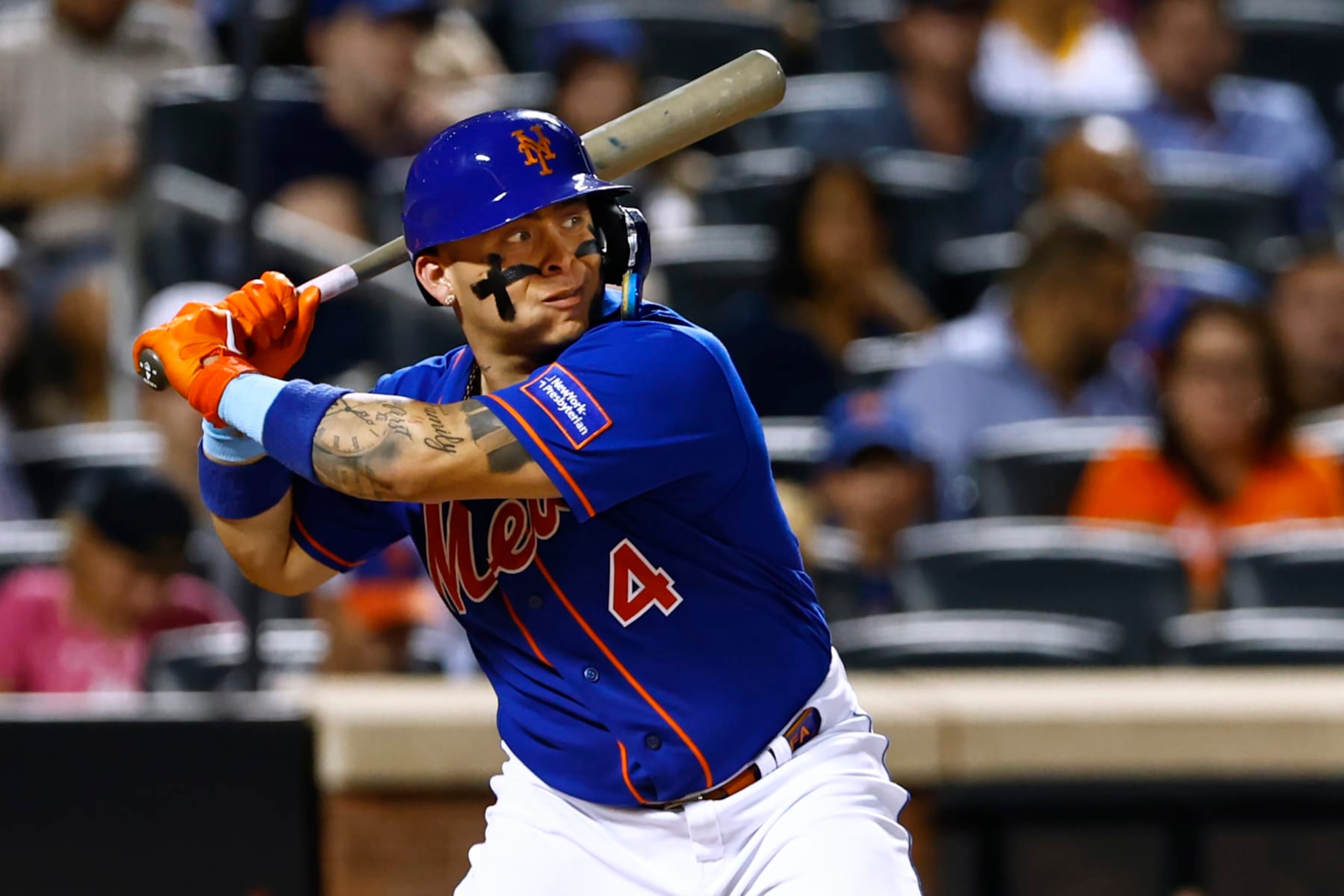 NEW YORK, NEW YORK - AUGUST 14: Francisco Alvarez #4 of the New York Mets in action against the Pittsburgh Pirates of a game at Citi Field on August 14, 2023 in New York City. (Photo by Rich Schultz/Getty Images)
