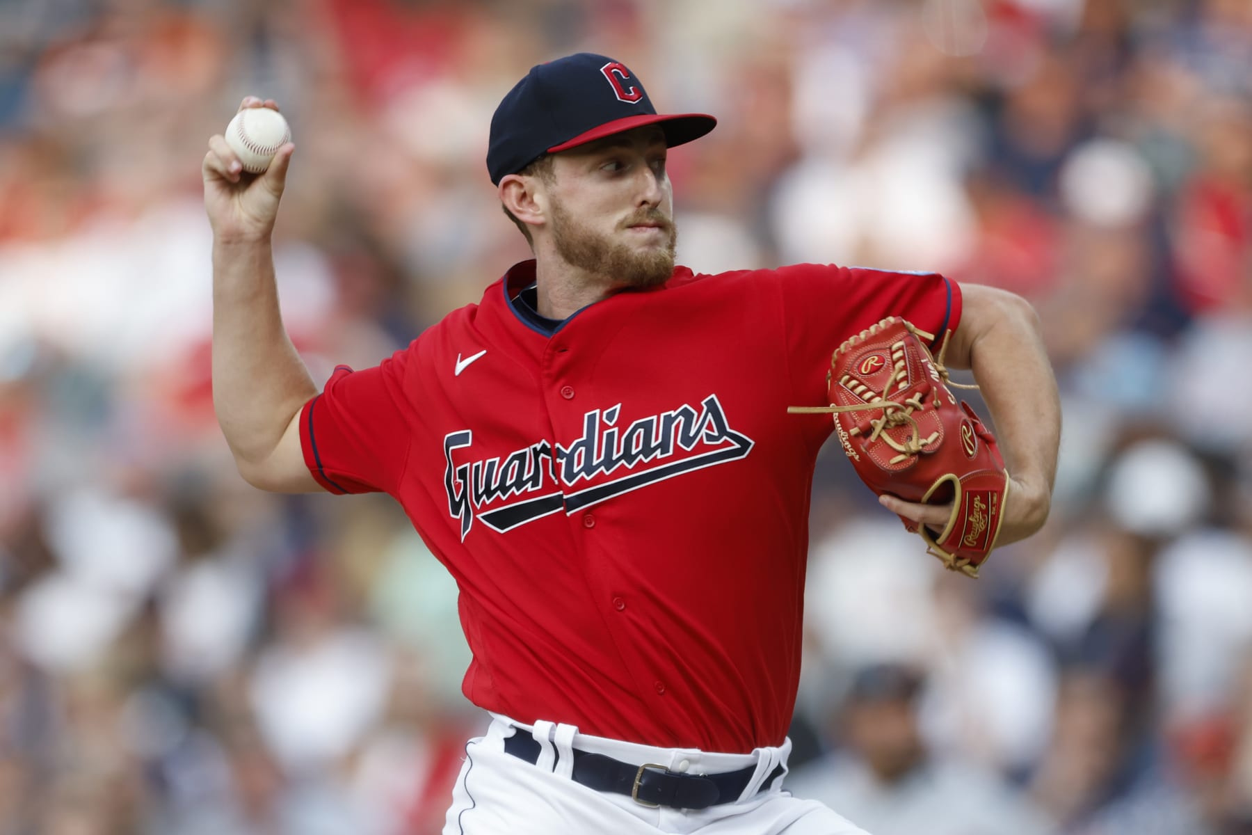 CLEVELAND, OH - AUGUST 19: Tanner Bibee #61 of the Cleveland Guardians pitches against the Detroit Tigers during the first inning at Progressive Field on August 19, 2023 in Cleveland, Ohio. (Photo by Ron Schwane/Getty Images)