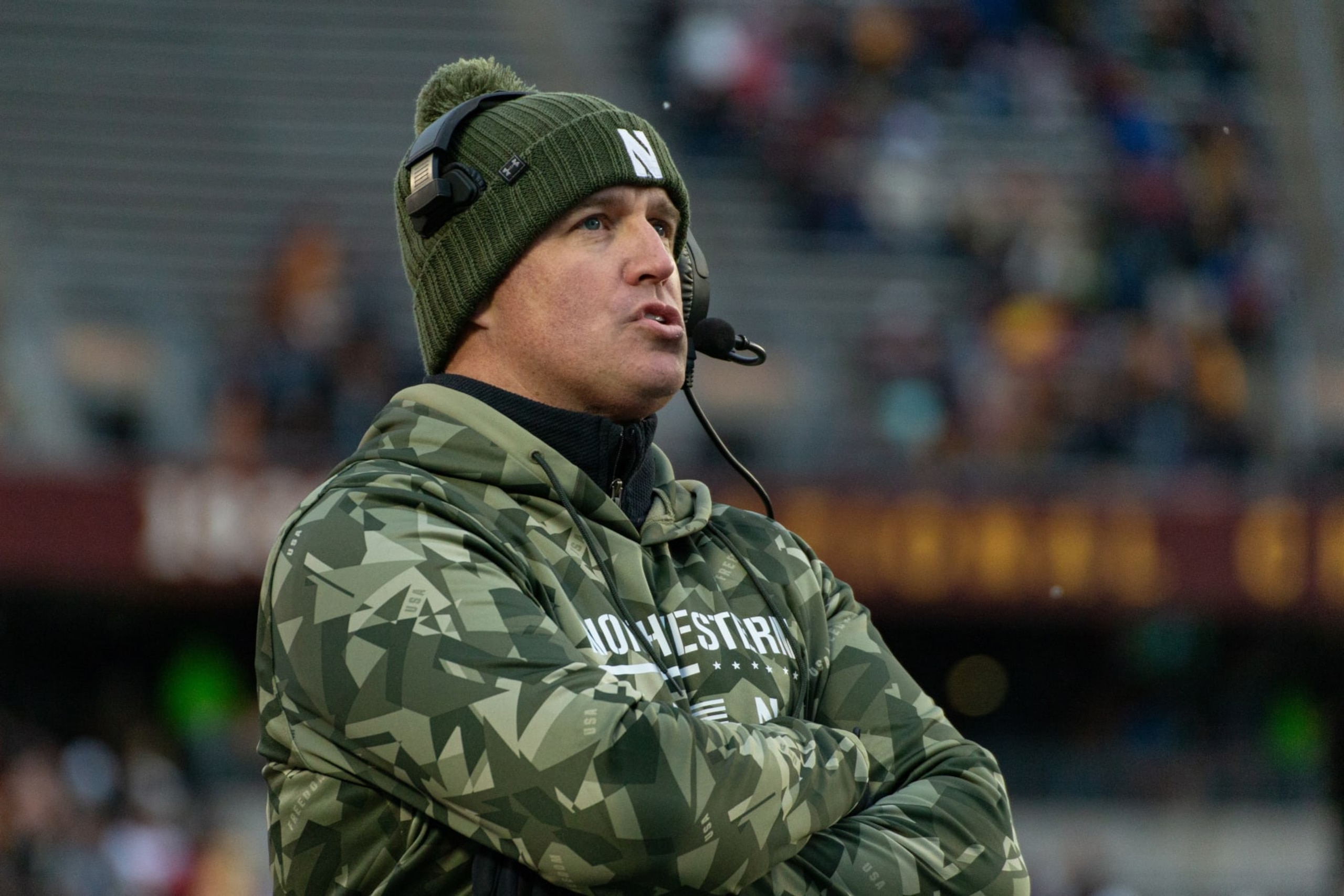 MINNEAPOLIS, MN - NOVEMBER 12: Northwestern Wildcats head coach Pat Fitzgerald looks on during the college football game between the North Western Wildcats and Minnesota Gophers on November 12th, 2022, at Huntington Bank in Minneapolis, MN. (Photo by Bailey Hillesheim/Icon Sportswire via Getty Images) MINNEAPOLIS, MN - NOVEMBER 12: Northwestern Wildcats head coach Pat Fitzgerald looks on during the college football game between the North Western Wildcats and Minnesota Gophers on November 12th, 2022, at Huntington Bank in Minneapolis, MN. (Photo by Bailey Hillesheim/Icon Sportswire via Getty Images)