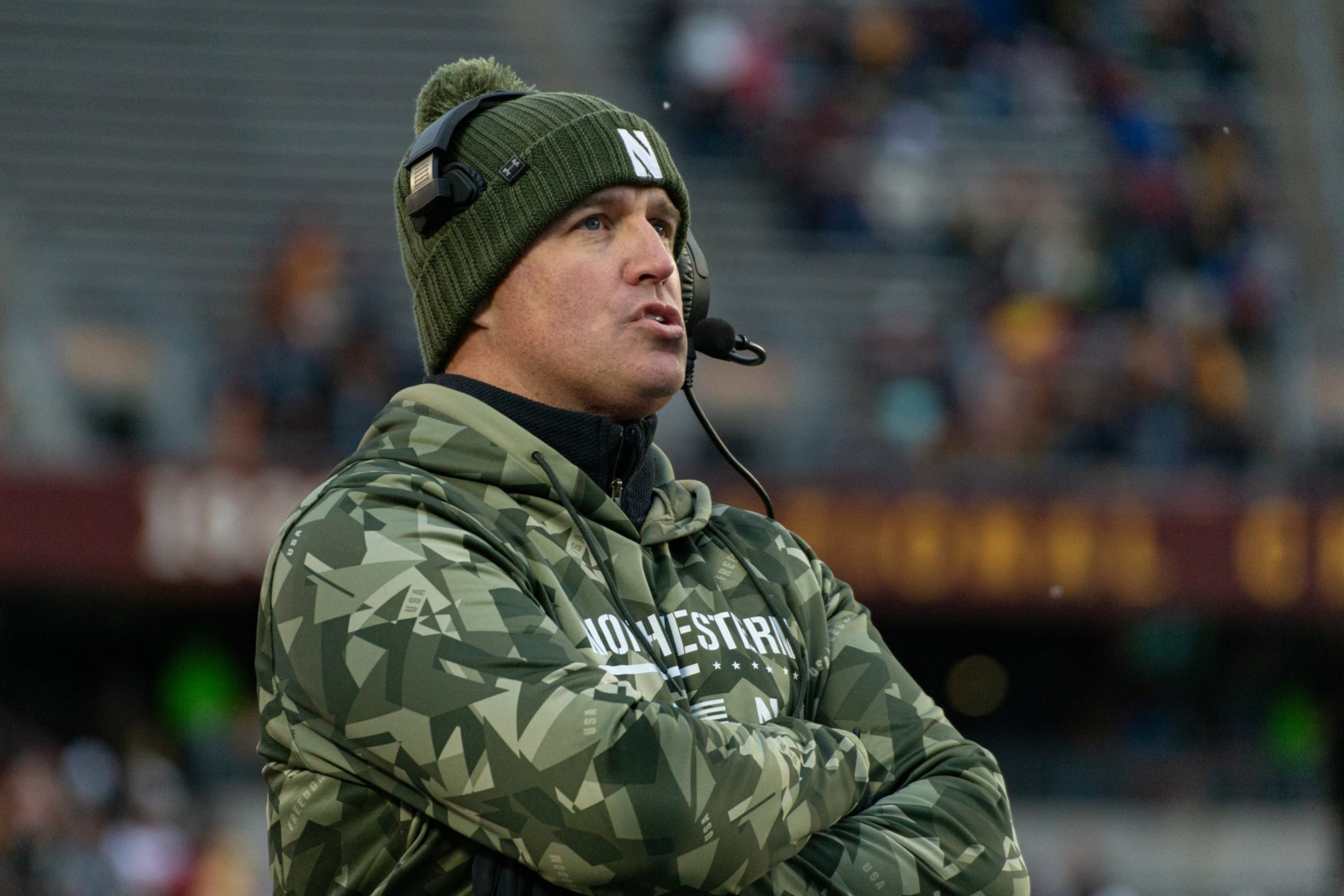 MINNEAPOLIS, MN - NOVEMBER 12: Northwestern Wildcats head coach Pat Fitzgerald looks on during the college football game between the North Western Wildcats and Minnesota Gophers on November 12th, 2022, at Huntington Bank in Minneapolis, MN. (Photo by Bailey Hillesheim/Icon Sportswire via Getty Images)