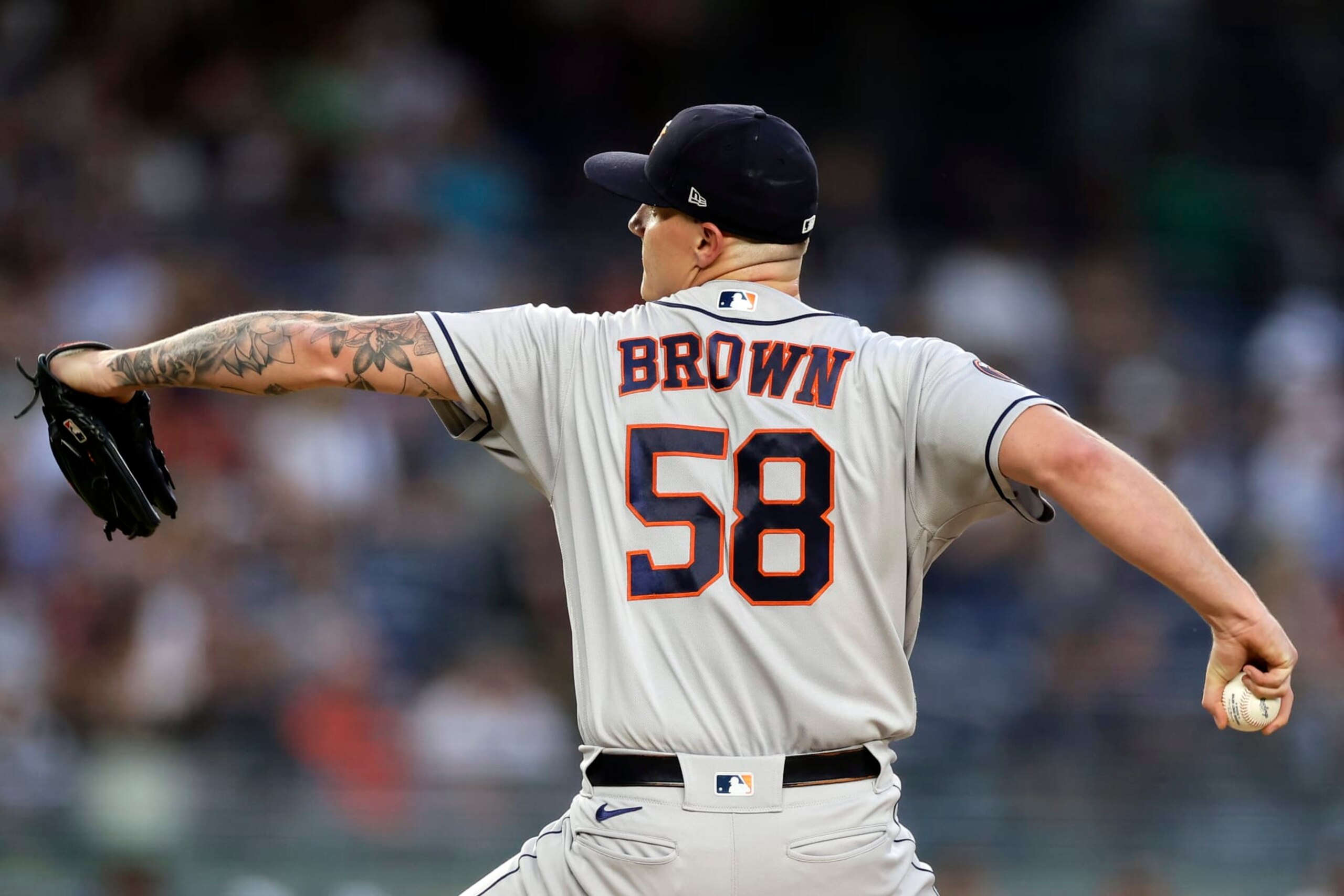 NEW YORK, NY - AUGUST 4: Hunter Brown #58 of the Houston Astros pitches against the New York Yankees during the first inning at Yankee Stadium on August 4, 2023 in New York City. (Photo by Adam Hunger/Getty Images)