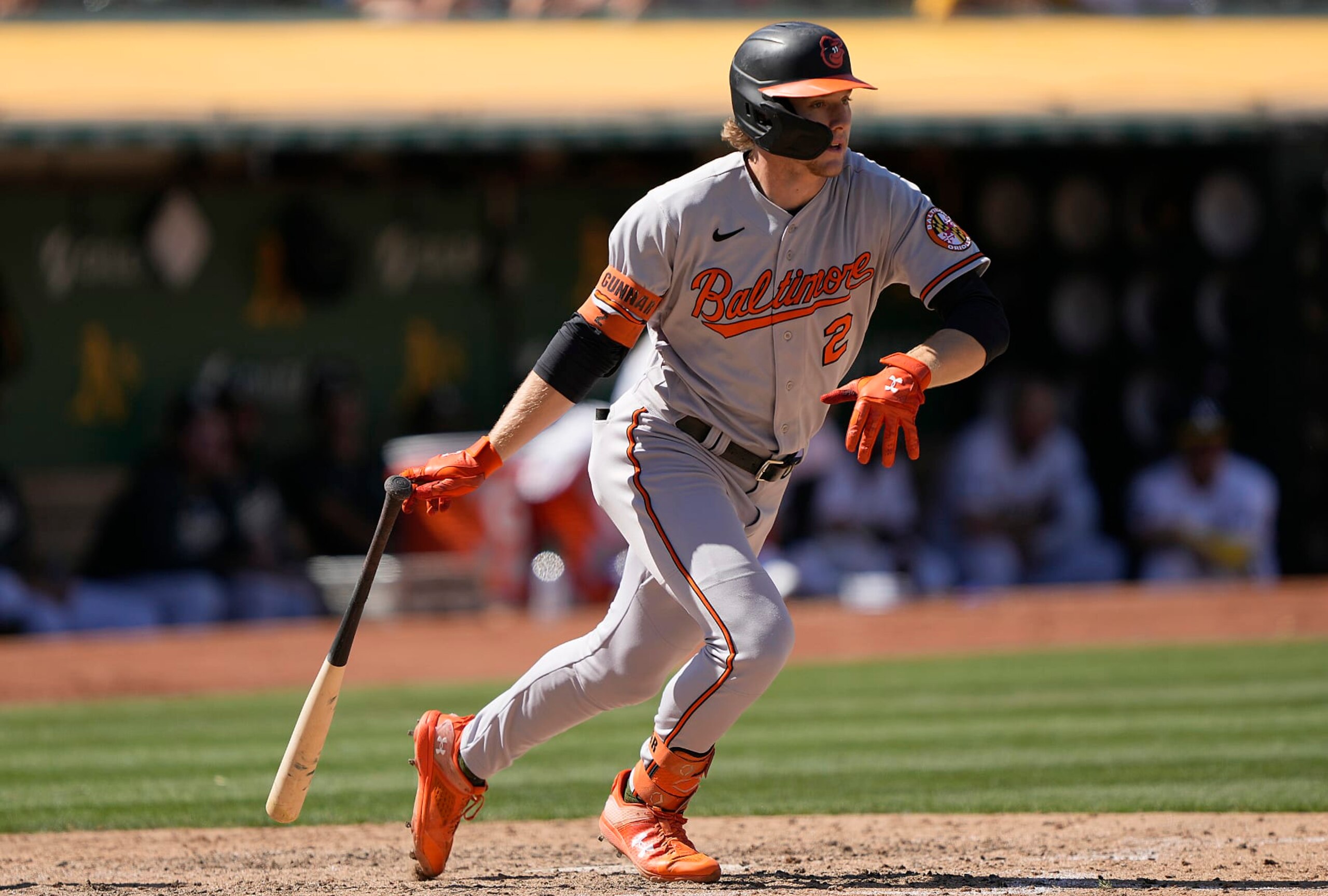 OAKLAND, CALIFORNIA - AUGUST 20: Gunnar Henderson #2 of the Baltimore Orioles hits an rbi double scoring Adley Rutschman #35 against the Oakland Athletics in the top of the eighth inning at RingCentral Coliseum on August 20, 2023 in Oakland, California. (Photo by Thearon W. Henderson/Getty Images)