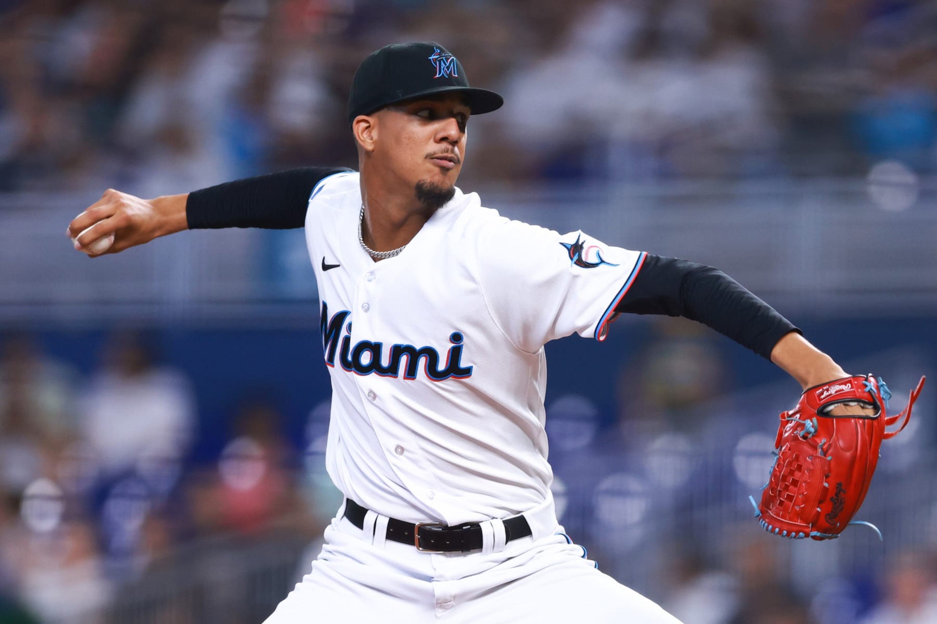 MIAMI, FLORIDA - AUGUST 13: Eury Perez #39 of the Miami Marlins delivers a pitch against the New York Yankees during the first inning at loanDepot park on August 13, 2023 in Miami, Florida. (Photo by Megan Briggs/Getty Images)