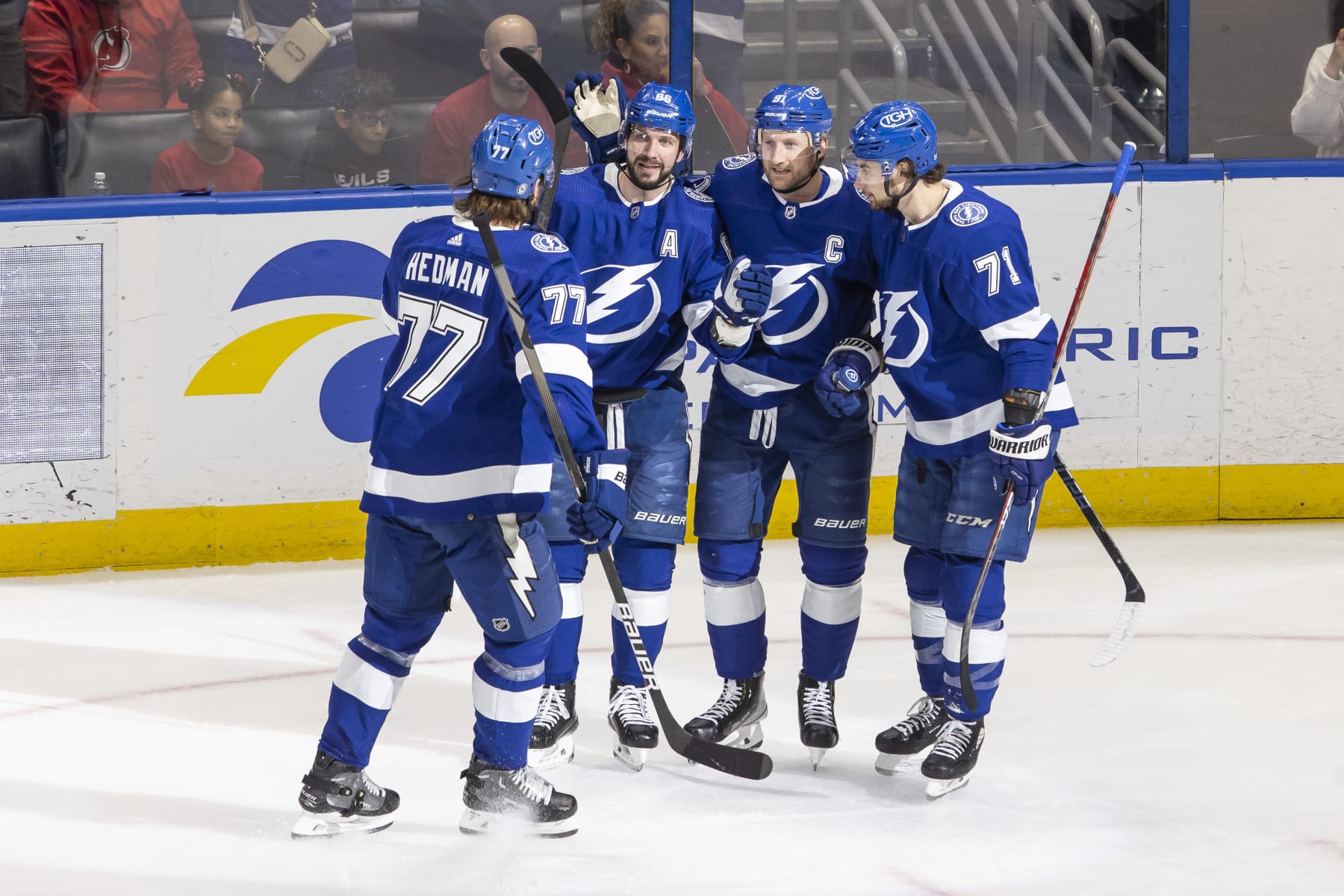 TAMPA, FL - MARCH 19: Nikita Kucherov #86 of the Tampa Bay Lightning celebrates a goal with teammates Victor Hedman #77, Steven Stamkos #91, and Anthony Cirelli #71 against the New Jersey Devils during the first period at Amalie Arena on March 19, 2023 in Tampa, Florida. (Photo by Vince Del Monte/NHLI via Getty Images)