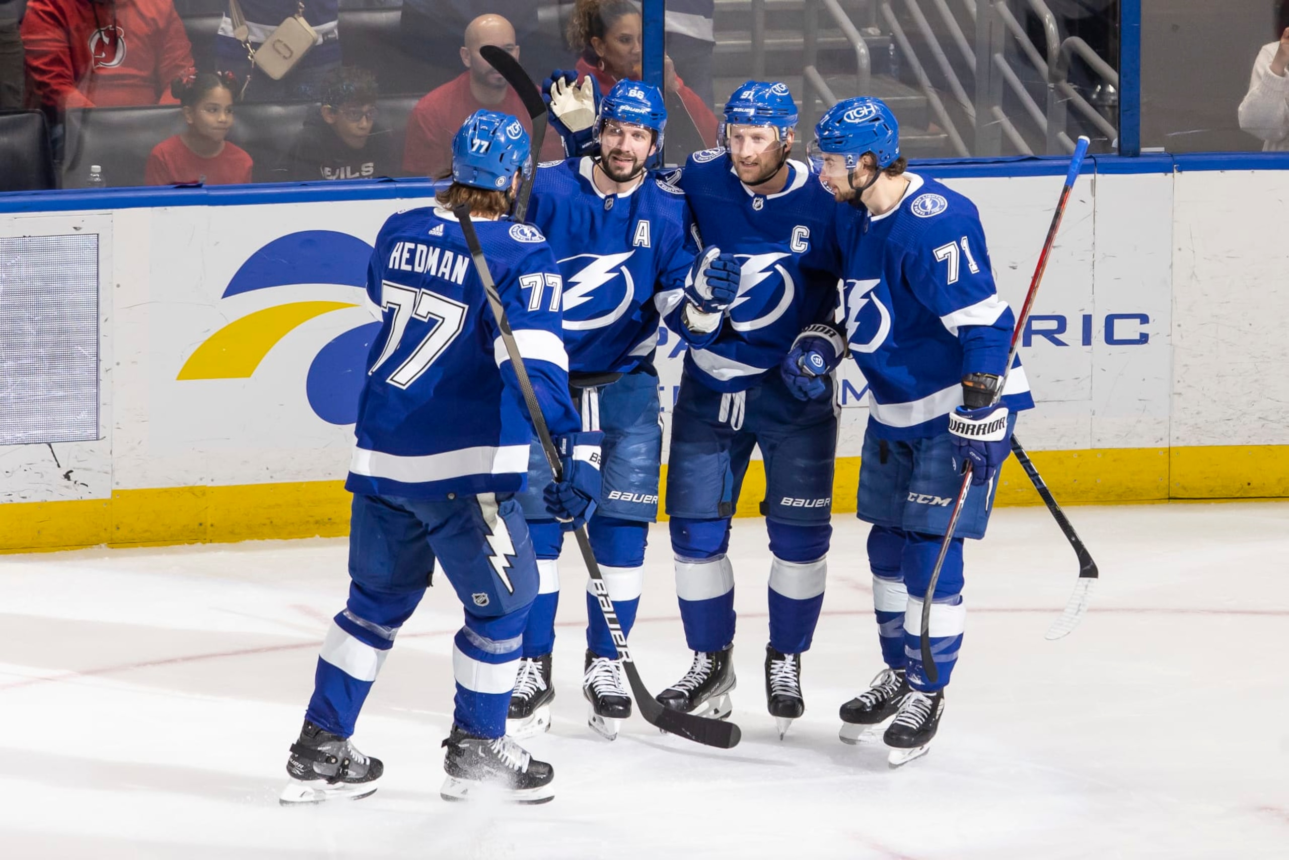 TAMPA, FL - MARCH 19: Nikita Kucherov #86 of the Tampa Bay Lightning celebrates a goal with teammates Victor Hedman #77, Steven Stamkos #91, and Anthony Cirelli #71 against the New Jersey Devils during the first period at Amalie Arena on March 19, 2023 in Tampa, Florida. (Photo by Vince Del Monte/NHLI via Getty Images)