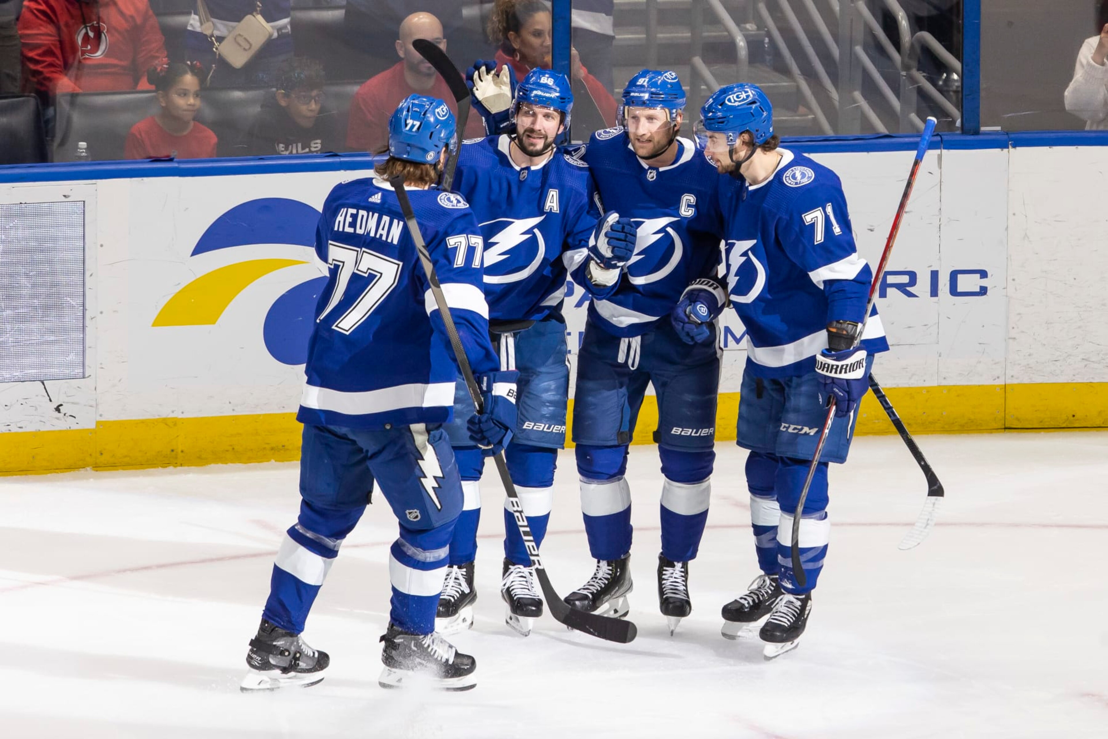 TAMPA, FL - MARCH 19: Nikita Kucherov #86 of the Tampa Bay Lightning celebrates a goal with teammates Victor Hedman #77, Steven Stamkos #91, and Anthony Cirelli #71 against the New Jersey Devils during the first period at Amalie Arena on March 19, 2023 in Tampa, Florida. (Photo by Vince Del Monte/NHLI via Getty Images)