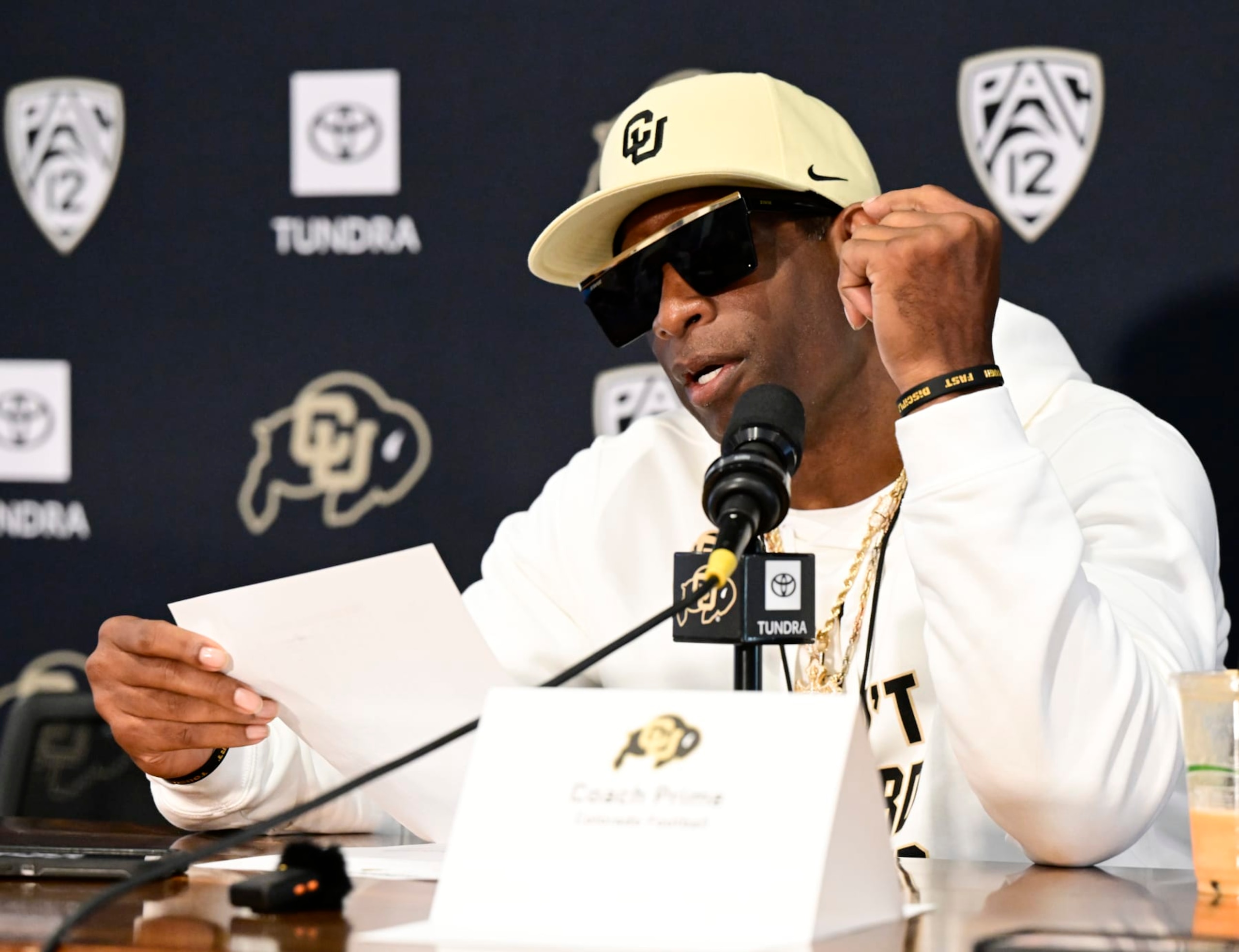 BOULDER, CO - AUGUST 11: Colorado Buffaloes head football coach Deion Sanders answers questions at the 70th annual Colorado University Fall Sports Media Day in Boulder August 11, 2023. (Photo by Andy Cross/MediaNews Group/The Denver Post via Getty Images) BOULDER, CO - AUGUST 11: Colorado Buffaloes head football coach Deion Sanders answers questions at the 70th annual Colorado University Fall Sports Media Day in Boulder August 11, 2023. (Photo by Andy Cross/MediaNews Group/The Denver Post via Getty Images)