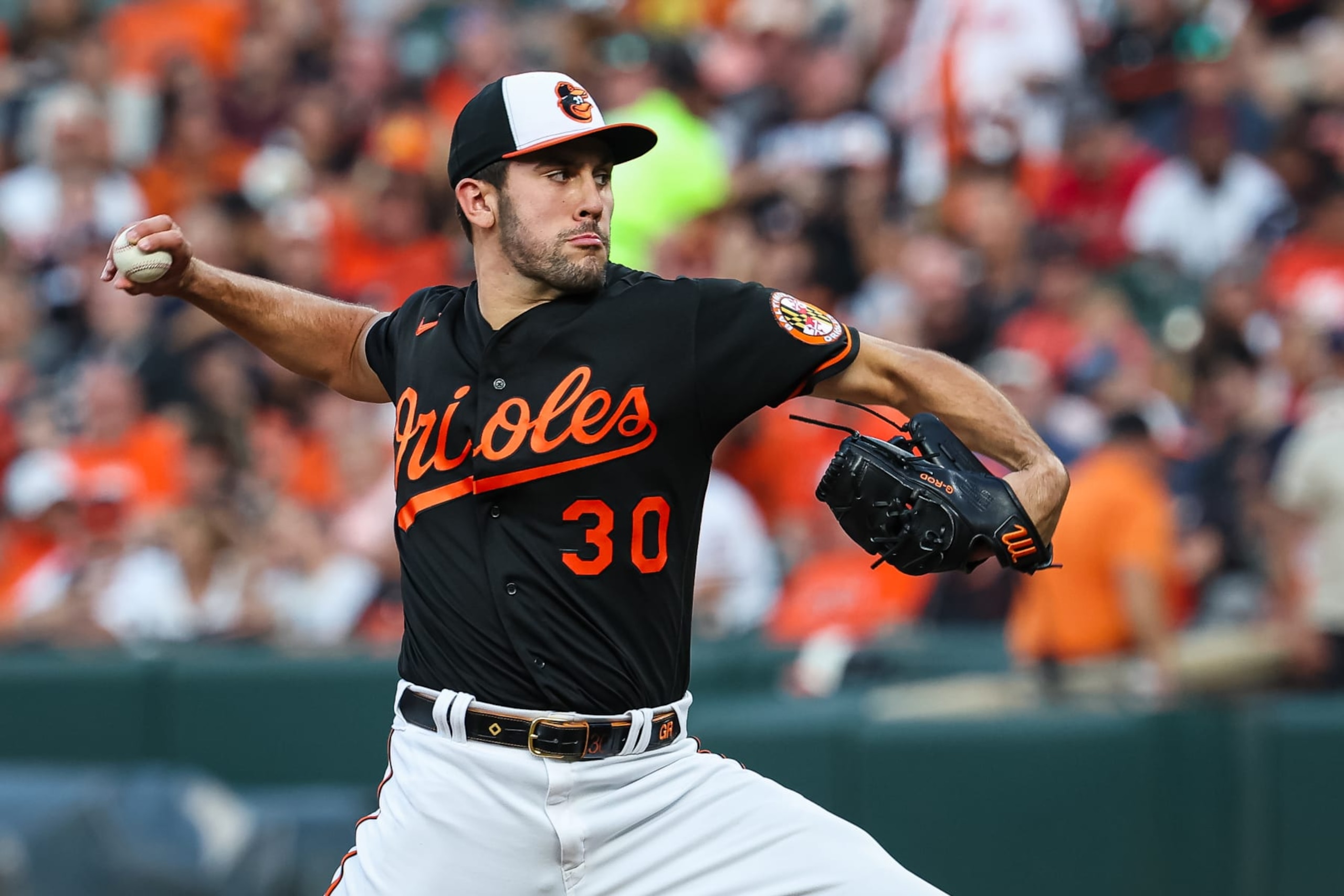 BALTIMORE, MD - AUGUST 08: Grayson Rodriguez #30 of the Baltimore Orioles pitches against the Houston Astros in the second inning at Oriole Park at Camden Yards on August 8, 2023 in Baltimore, Maryland. (Photo by Scott Taetsch/Getty Images)