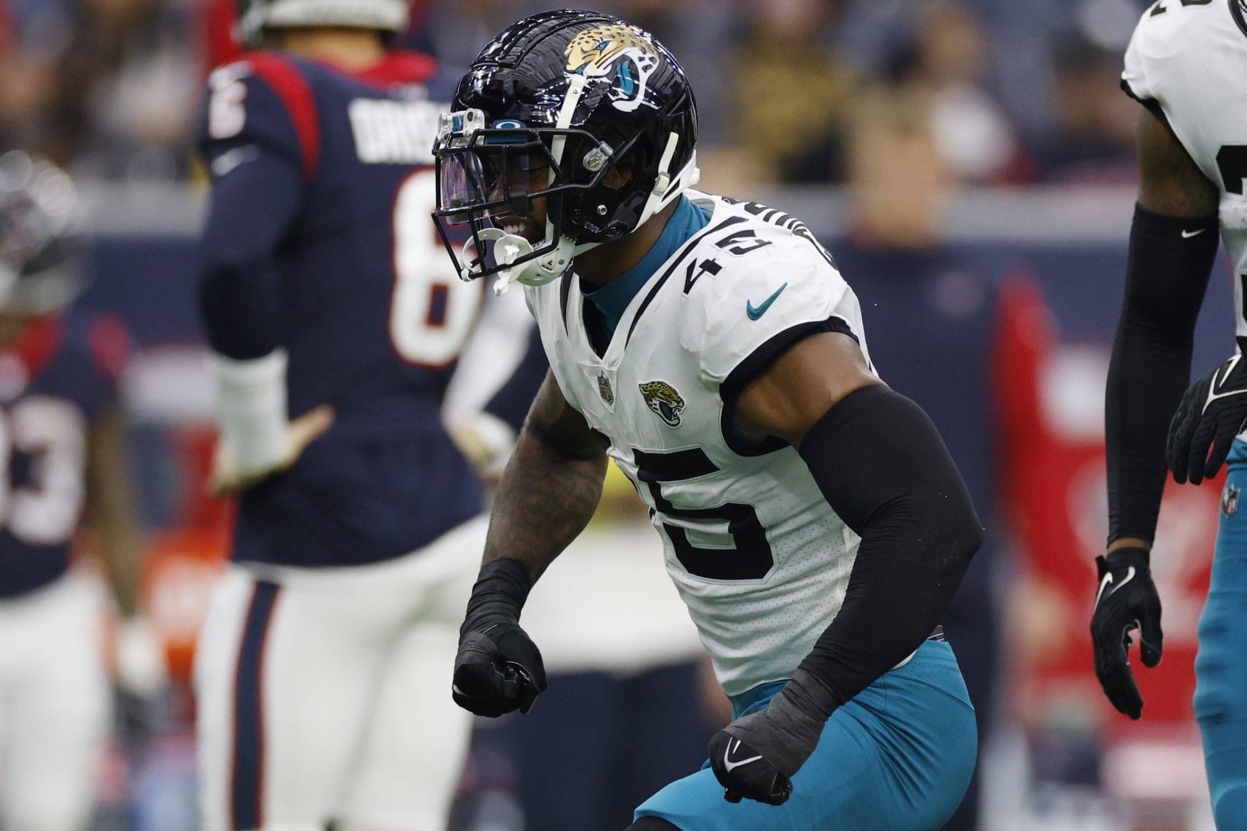 HOUSTON, TEXAS - JANUARY 01: K'Lavon Chaisson #45 of the Jacksonville Jaguars reacts after a play against the Houston Texans during the second quarter at NRG Stadium on January 01, 2023 in Houston, Texas. (Photo by Tim Warner/Getty Images)