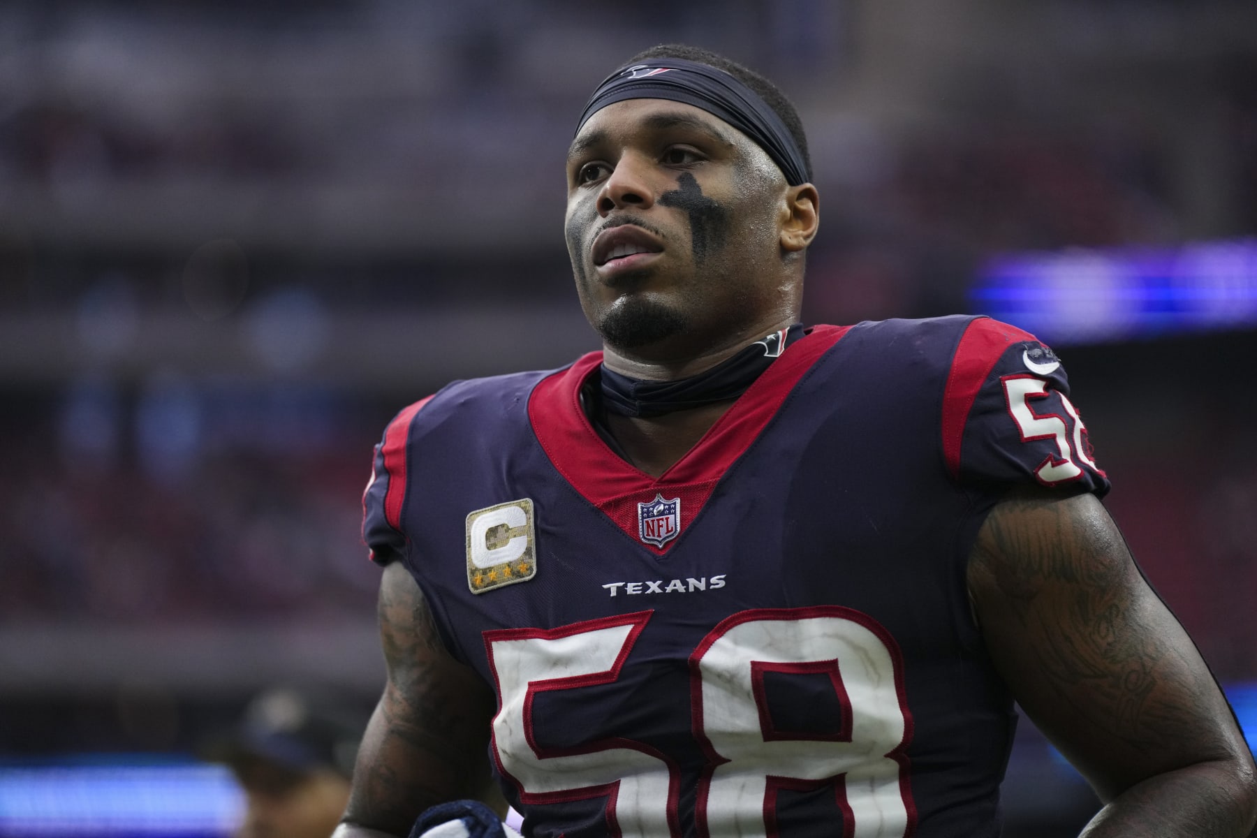 HOUSTON, TX - NOVEMBER 20: Christian Kirksey #58 of the Houston Texans walks off of the field against the Washington Commanders at NRG Stadium on November 20, 2022 in Houston, Texas. (Photo by Cooper Neill/Getty Images)