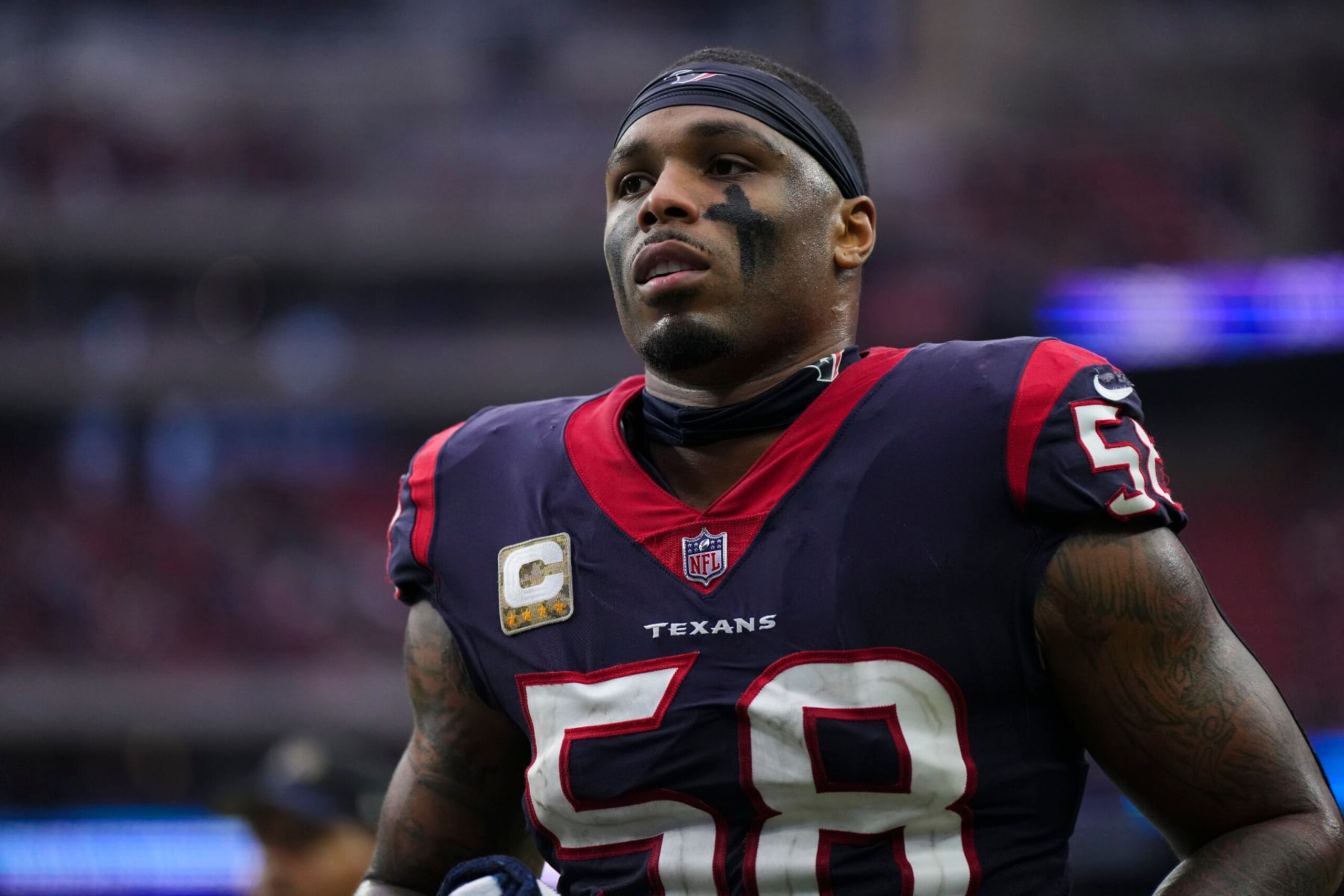HOUSTON, TX - NOVEMBER 20: Christian Kirksey #58 of the Houston Texans walks off of the field against the Washington Commanders at NRG Stadium on November 20, 2022 in Houston, Texas. (Photo by Cooper Neill/Getty Images) HOUSTON, TX - NOVEMBER 20: Christian Kirksey #58 of the Houston Texans walks off of the field against the Washington Commanders at NRG Stadium on November 20, 2022 in Houston, Texas. (Photo by Cooper Neill/Getty Images)