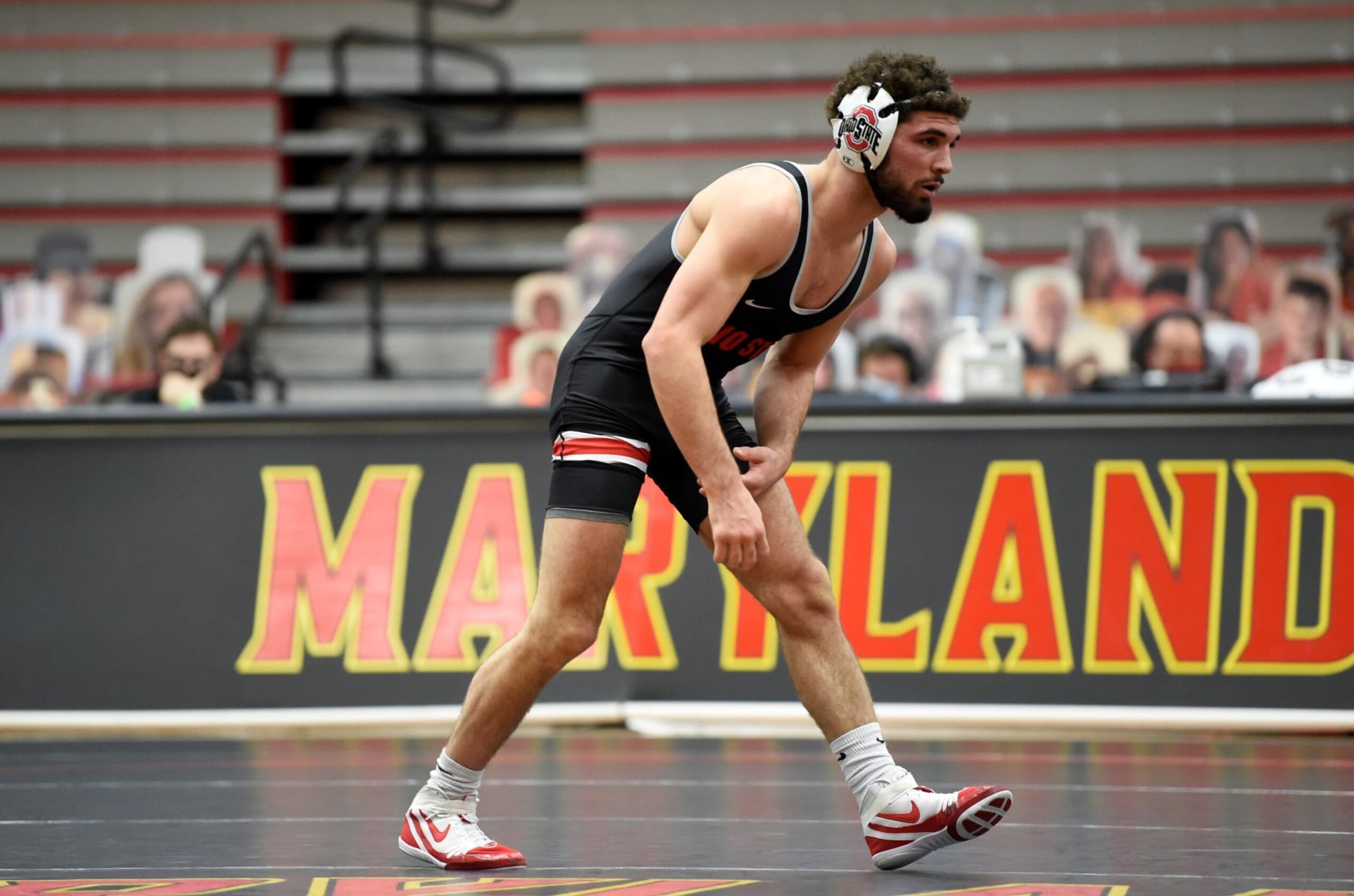 COLLEGE PARK, MD - JANUARY 31:  Sammy Sasso of the Ohio State Buckeyes wrestles against the Maryland Terrapins at Xfinity Center on January 31, 2021 in College Park, Maryland. (Photo by G Fiume/Maryland Terrapins/Getty Images)