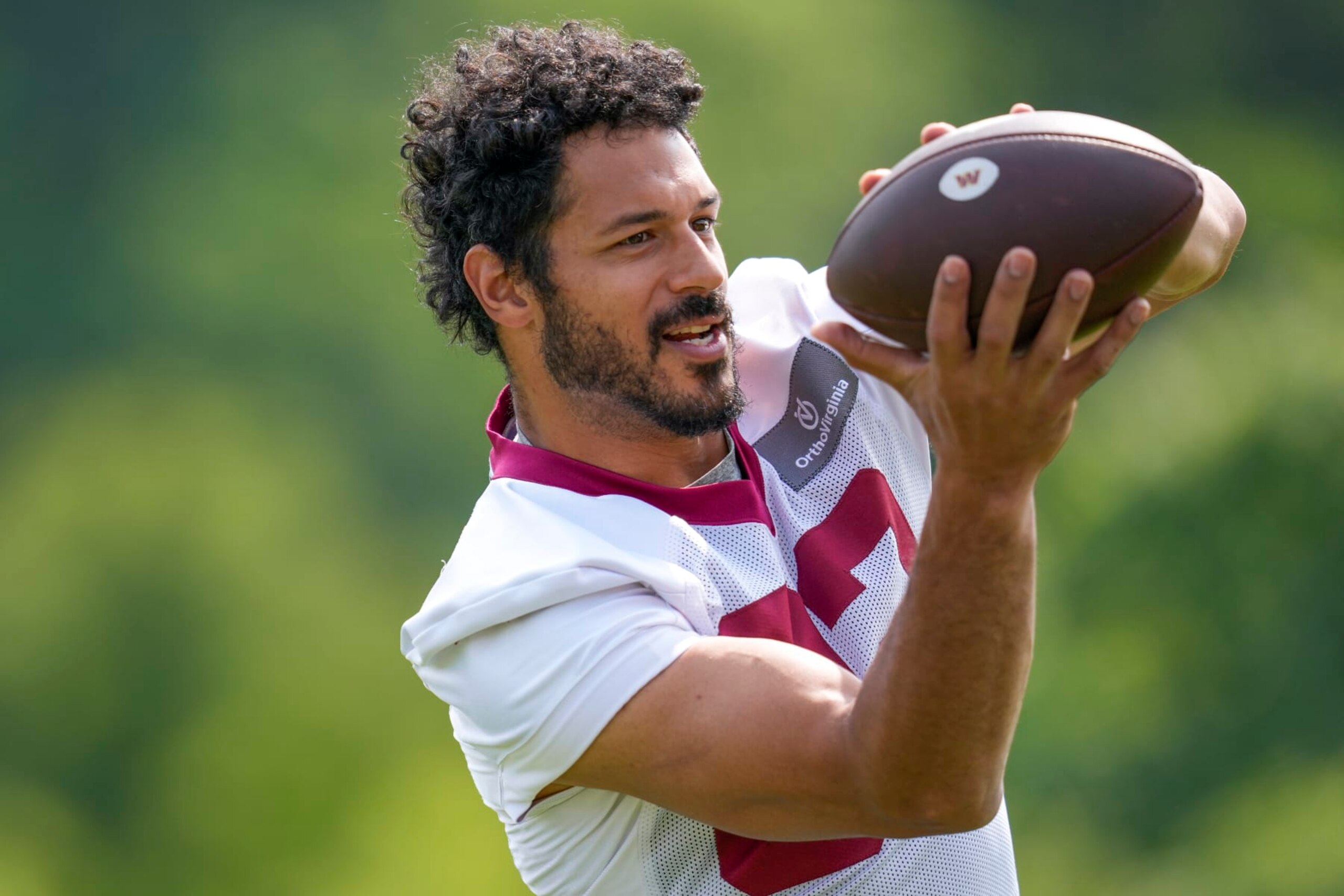 Washington Commanders tight end Logan Thomas (82) catches a pass during practice at the team's NFL football training facility, Wednesday, May 24, 2023 in Ashburn, Va. (AP Photo/Alex Brandon) Washington Commanders tight end Logan Thomas (82) catches a pass during practice at the team's NFL football training facility, Wednesday, May 24, 2023 in Ashburn, Va. (AP Photo/Alex Brandon)