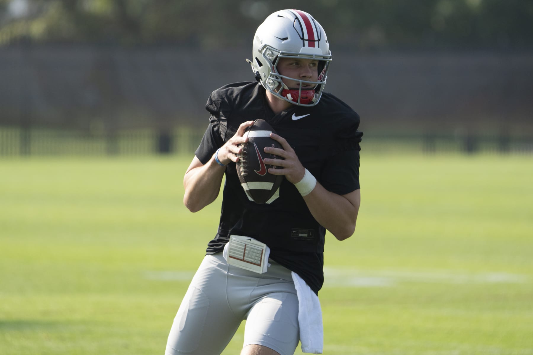 COLUMBUS, OH - AUGUST 3: Kyle McCord #6 of the Ohio State Buckeyes looks to pass the ball during practice at the Woody Hayes Athletic Center in Columbus, Ohio on August 3, 2023. (Photo by Jason Mowry/Icon Sportswire via Getty Images)