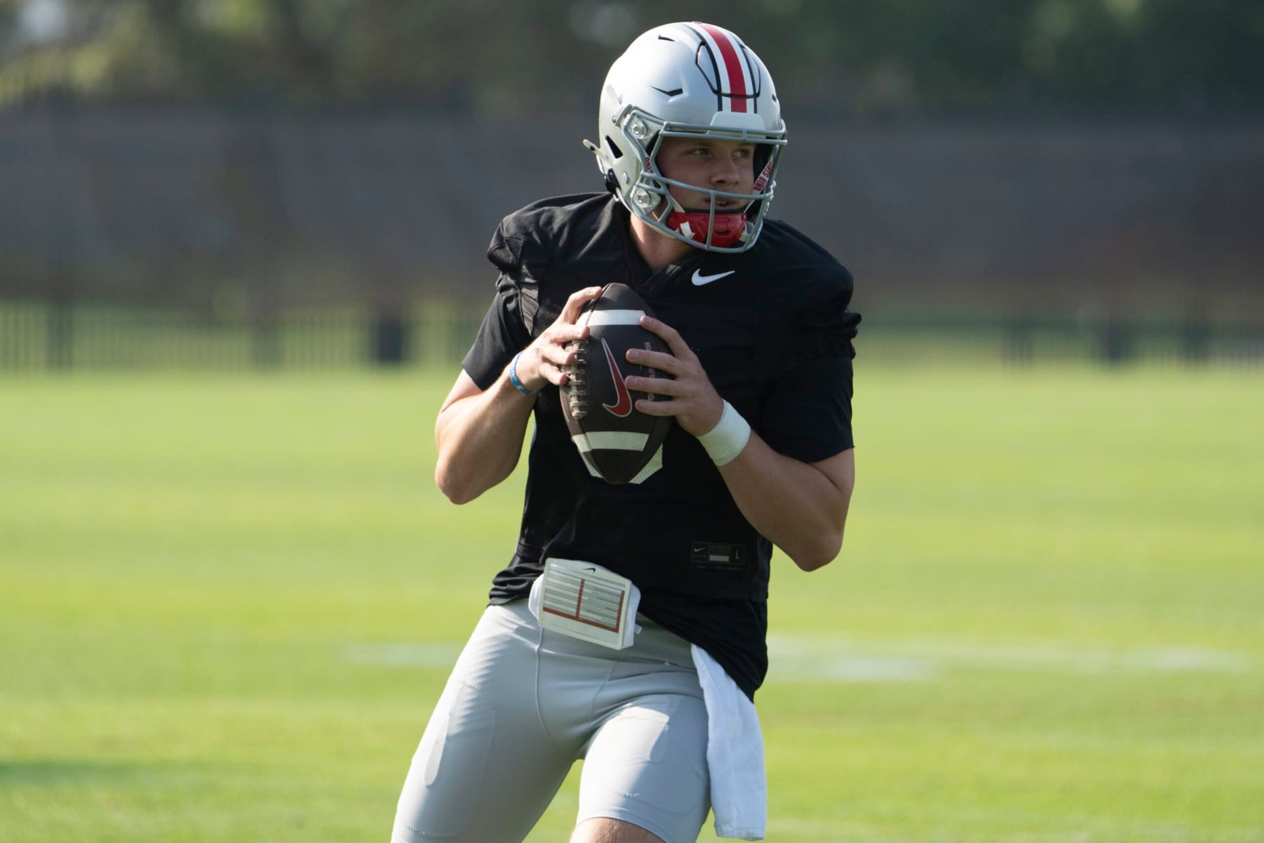 COLUMBUS, OH - AUGUST 3: Kyle McCord #6 of the Ohio State Buckeyes looks to pass the ball during practice at the Woody Hayes Athletic Center in Columbus, Ohio on August 3, 2023. (Photo by Jason Mowry/Icon Sportswire via Getty Images)