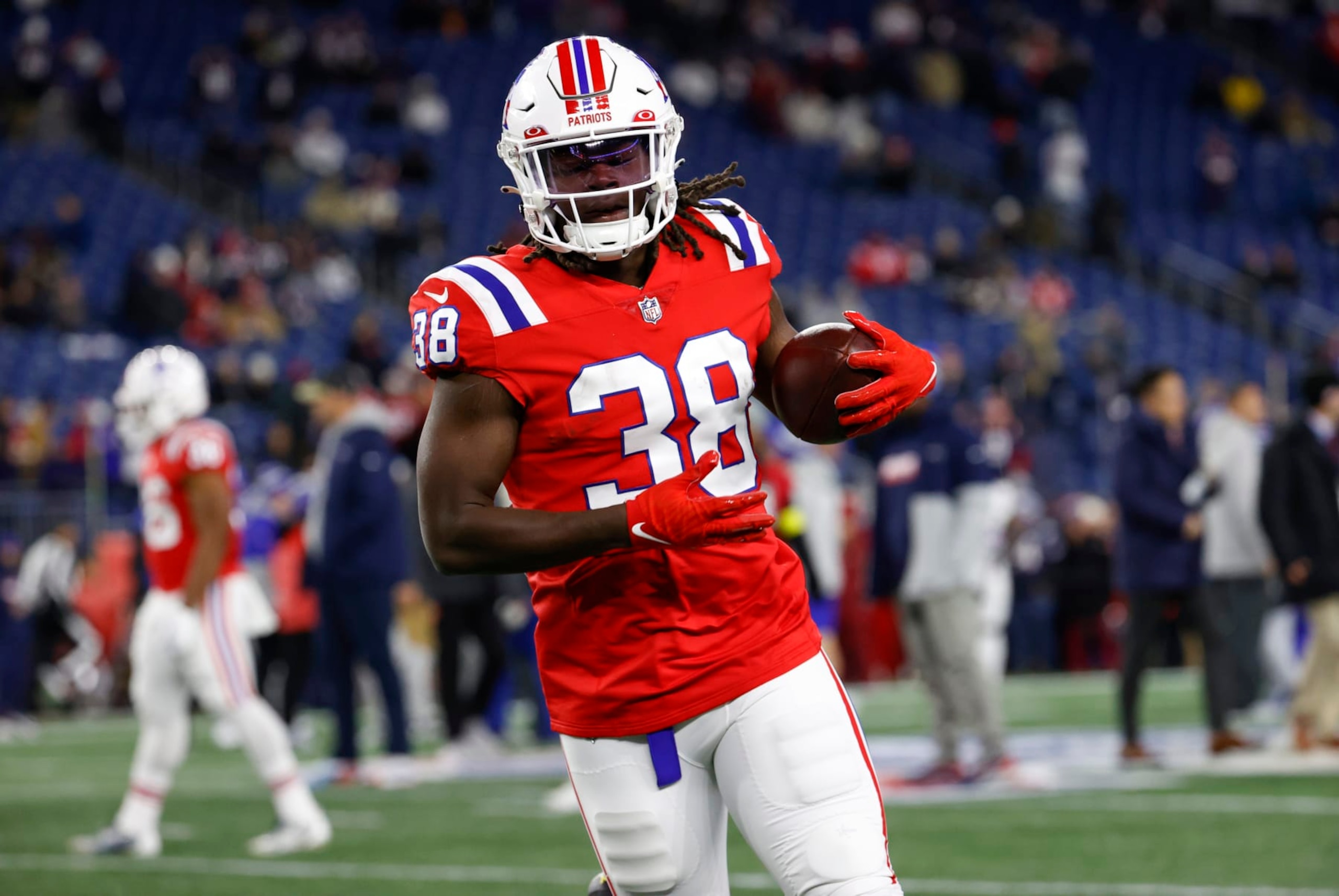 FOXBOROUGH, MA - DECEMBER 01: New England Patriots running back Rhamondre Stevenson (38) in warm up before a game between the New England Patriots and the Buffalo Bills on December 1, 2022, at Gillette Stadium in Foxborough, Massachusetts. (Photo by Fred Kfoury III/Icon Sportswire via Getty Images)
