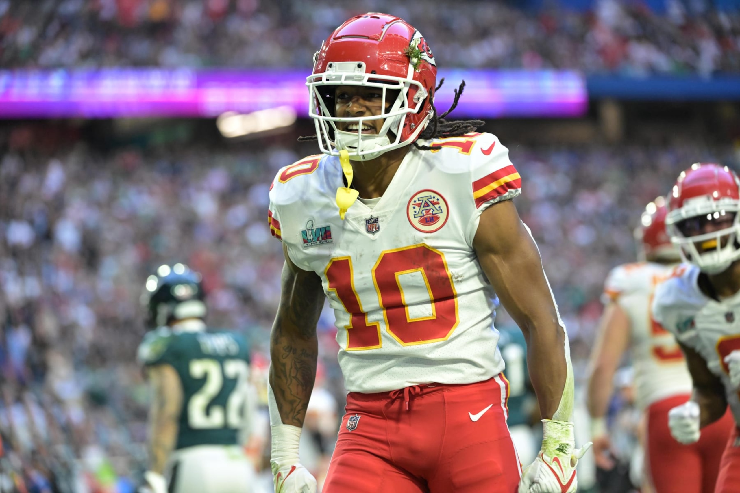 Football: Super Bowl LVII: Kansas City Chiefs Isiah Pacheco (10) in action, celebrates vs Philadelphia Eagles at State Farm Stadium. 
Glendale, AZ 2/12/2023
CREDIT: Kohjiro Kinno (Photo by Kohjiro Kinno/Sports Illustrated via Getty Images) 
(Set Number: X164304 TK1)