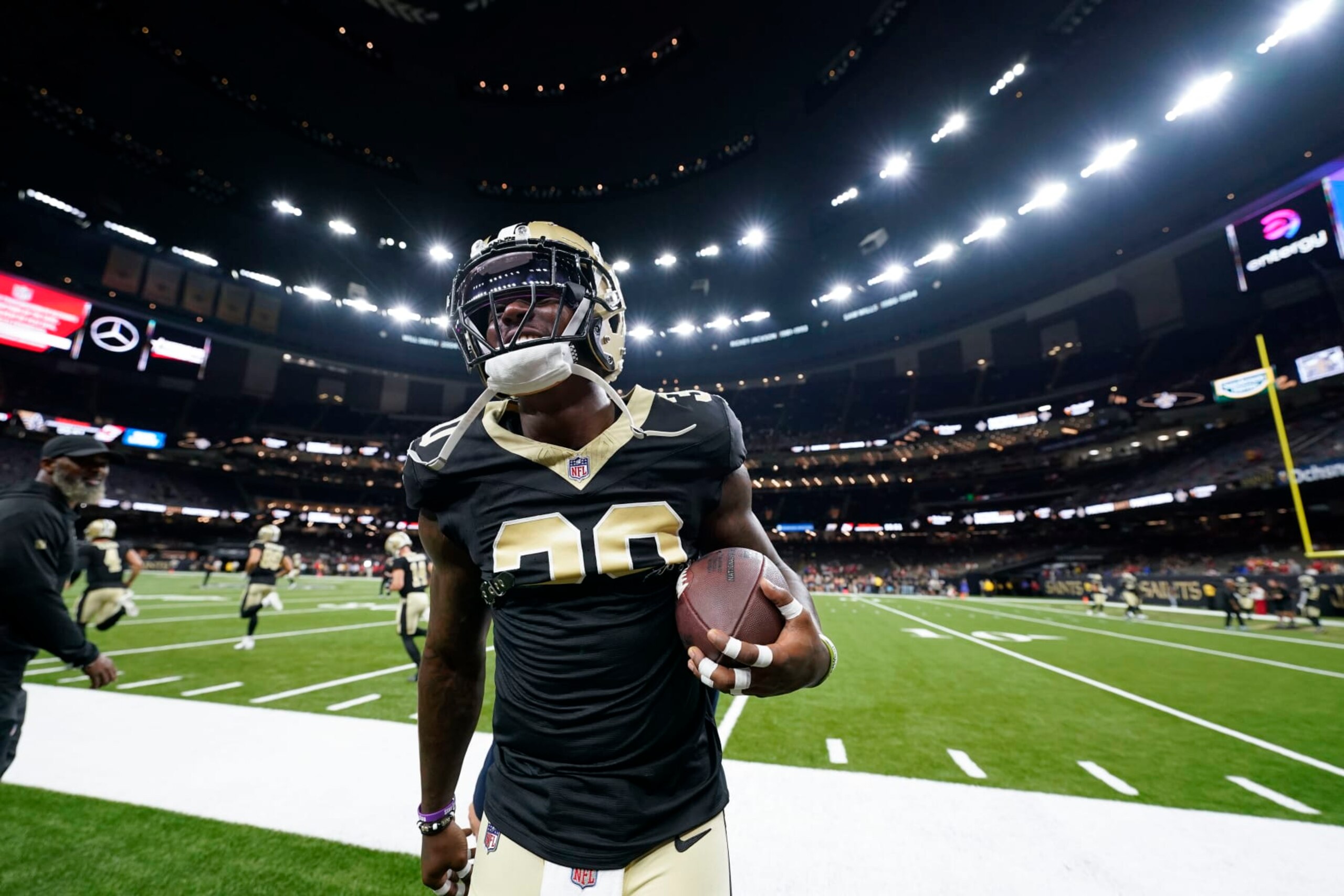 New Orleans Saints running back Jamaal Williams (30) talks to fans on the sideline before an NFL football game against the Kansas City Chiefs in New Orleans, Sunday, Aug. 13, 2023. (AP Photo/Gerald Herbert) New Orleans Saints running back Jamaal Williams (30) talks to fans on the sideline before an NFL football game against the Kansas City Chiefs in New Orleans, Sunday, Aug. 13, 2023. (AP Photo/Gerald Herbert)