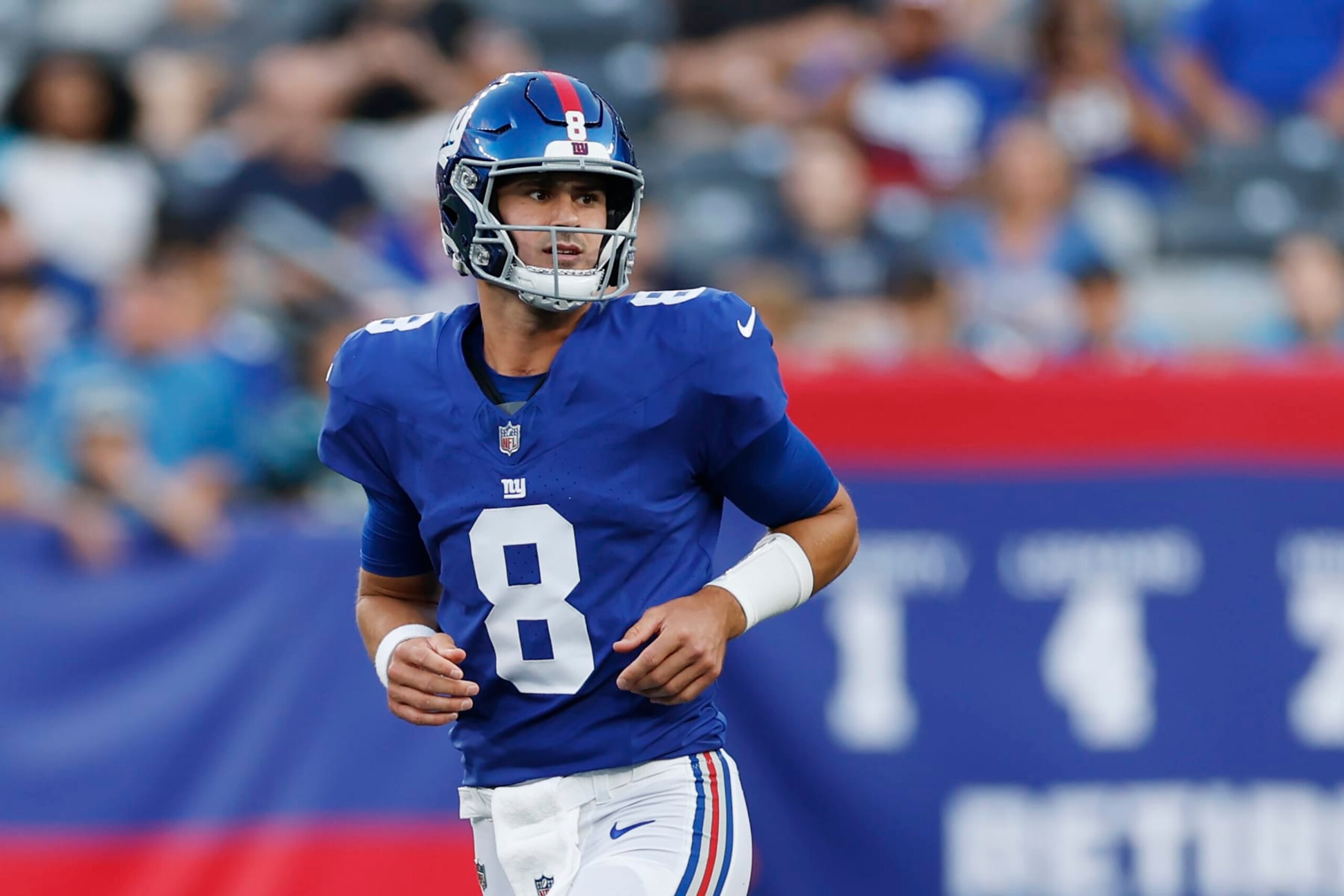 EAST RUTHERFORD, NEW JERSEY - AUGUST 18: Daniel Jones #8 of the New York Giants looks on during the first half of a preseason game against the Carolina Panthers at MetLife Stadium on August 18, 2023 in East Rutherford, New Jersey. (Photo by Sarah Stier/Getty Images)