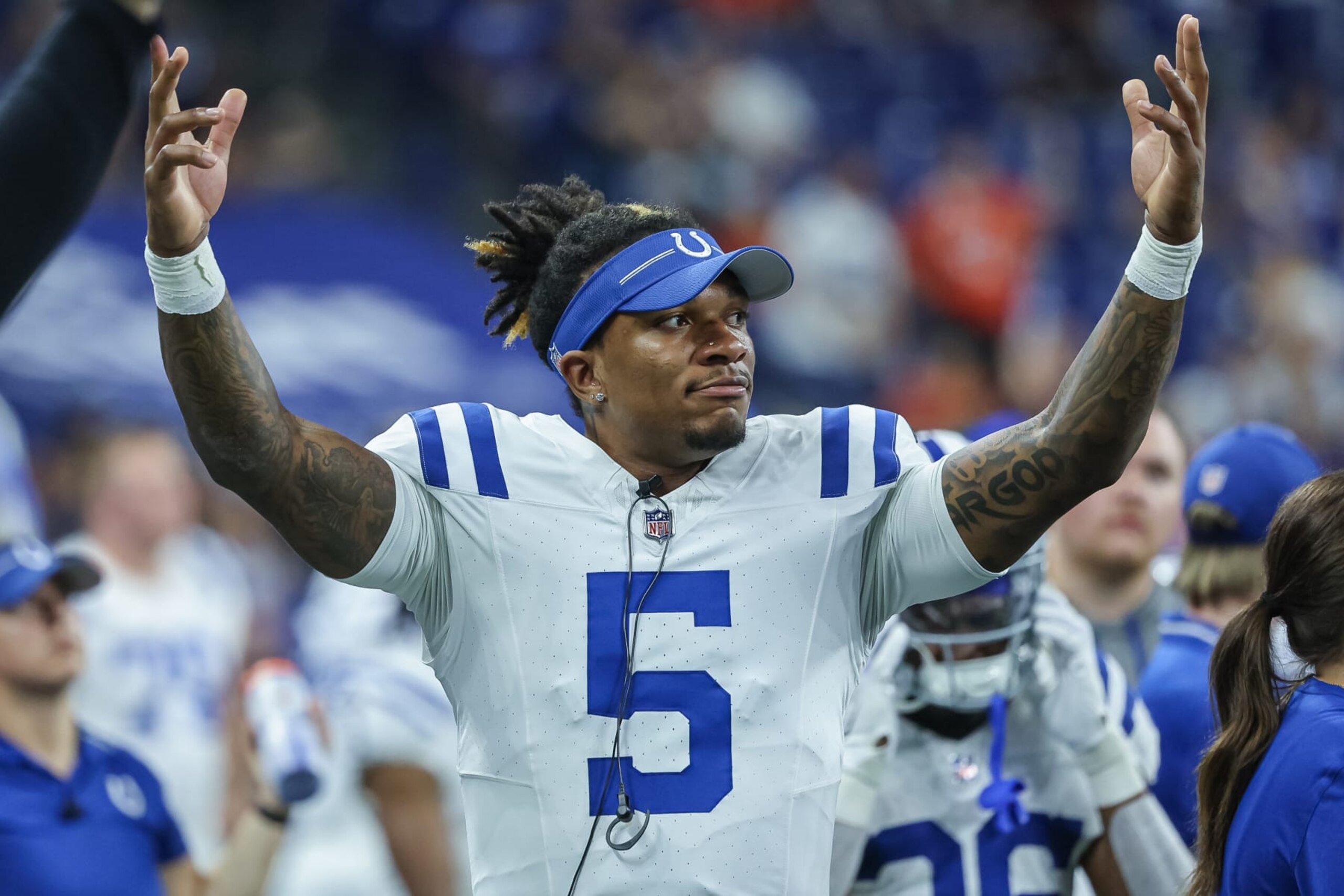INDIANAPOLIS, INDIANA - AUGUST 19: Anthony Richardson #5 of the Indianapolis Colts reacts during the second half during a preseason game against the Chicago Bears at Lucas Oil Stadium on August 19, 2023 in Indianapolis, Indiana. (Photo by Michael Hickey/Getty Images) INDIANAPOLIS, INDIANA - AUGUST 19: Anthony Richardson #5 of the Indianapolis Colts reacts during the second half during a preseason game against the Chicago Bears at Lucas Oil Stadium on August 19, 2023 in Indianapolis, Indiana. (Photo by Michael Hickey/Getty Images)
