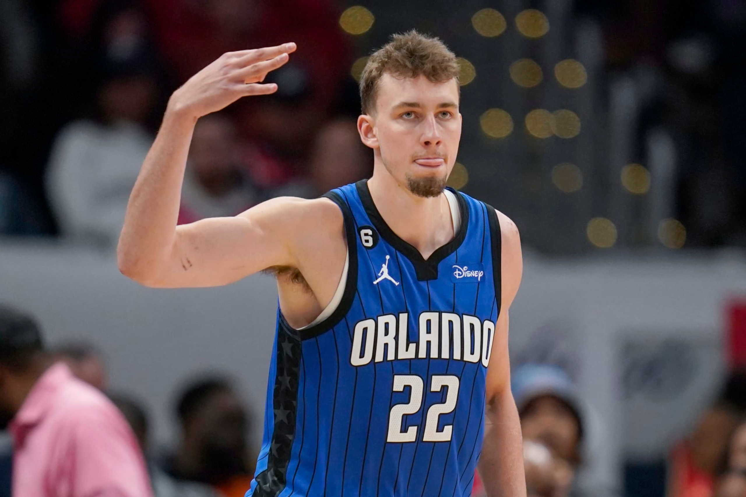 WASHINGTON, DC - MARCH 31: Franz Wagner #22 of the Orlando Magic reacts after scoring against the Washington Wizards during the second half at Capital One Arena on March 31, 2023 in Washington, DC. NOTE TO USER: User expressly acknowledges and agrees that, by downloading and or using this photograph, User is consenting to the terms and conditions of the Getty Images License Agreement. (Photo by Jess Rapfogel/Getty Images)