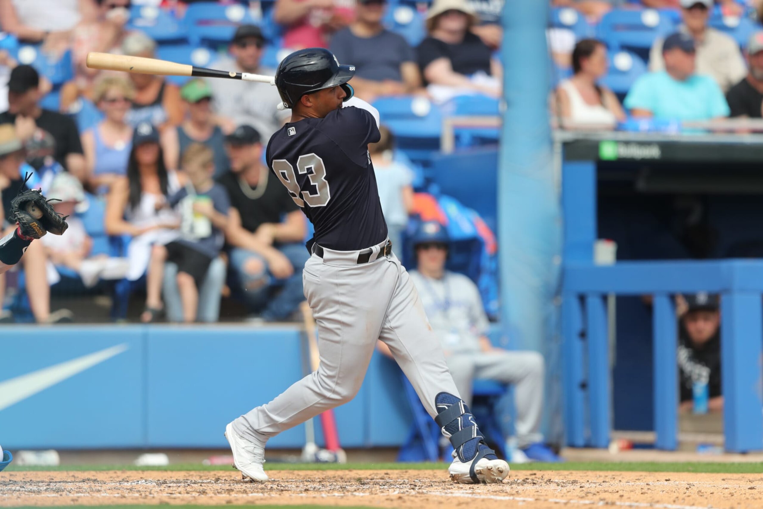 DUNEDIN, FL - FEBRUARY 26: New York Yankees DH Everson Pereira (93) at bat during the spring training game between the New York Yankees and the Toronto Blue Jays on February 26, 2023, at the TD Ballpark in Dunedin, FL. (Photo by Cliff Welch/Icon Sportswire via Getty Images)