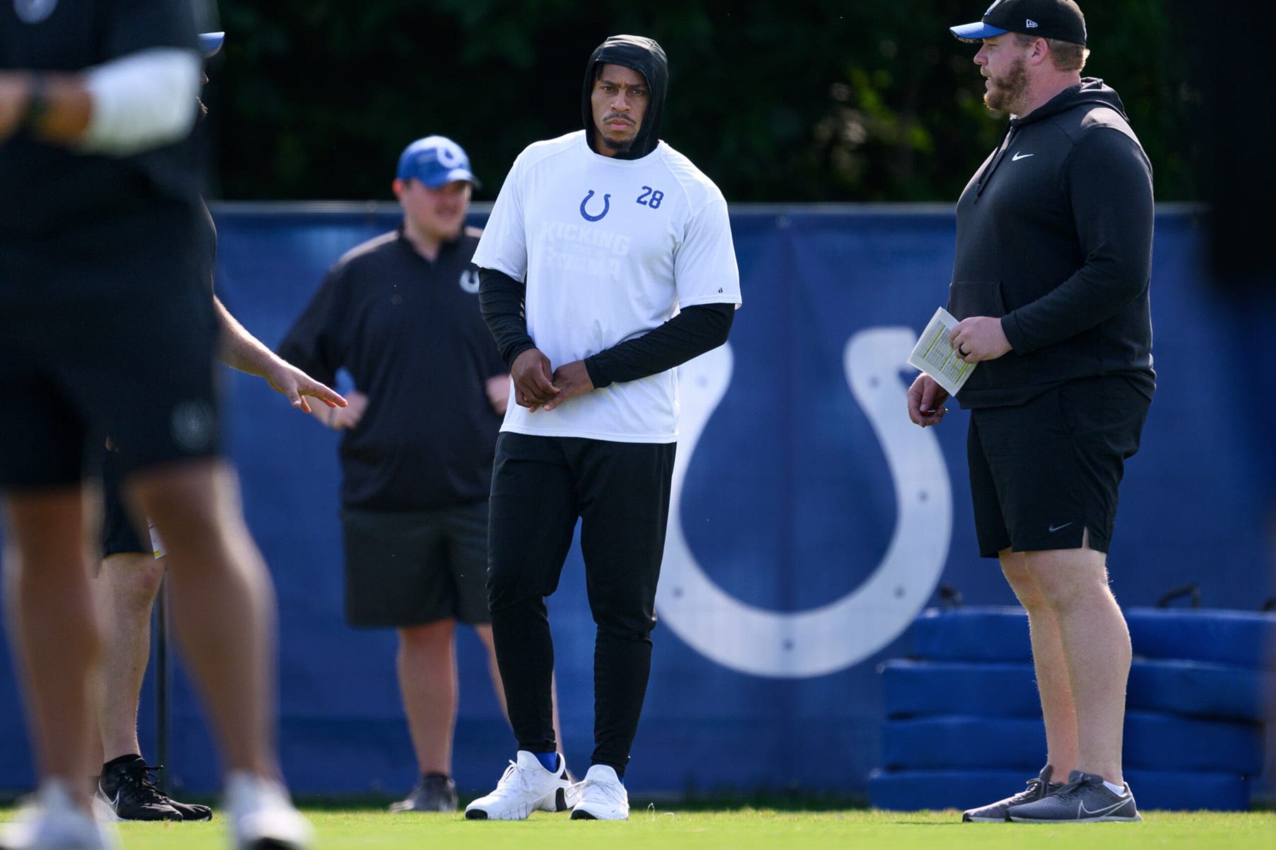 WESTFIELD, IN - AUGUST 01: Indianapolis Colts running back Jonathan Taylor (28) watches a drill from the sidelines during the Indianapolis Colts Training Camp on August 1, 2023 at the Grand Park Sports Campus in Westfield, IN. (Photo by Zach Bolinger/Icon Sportswire via Getty Images)